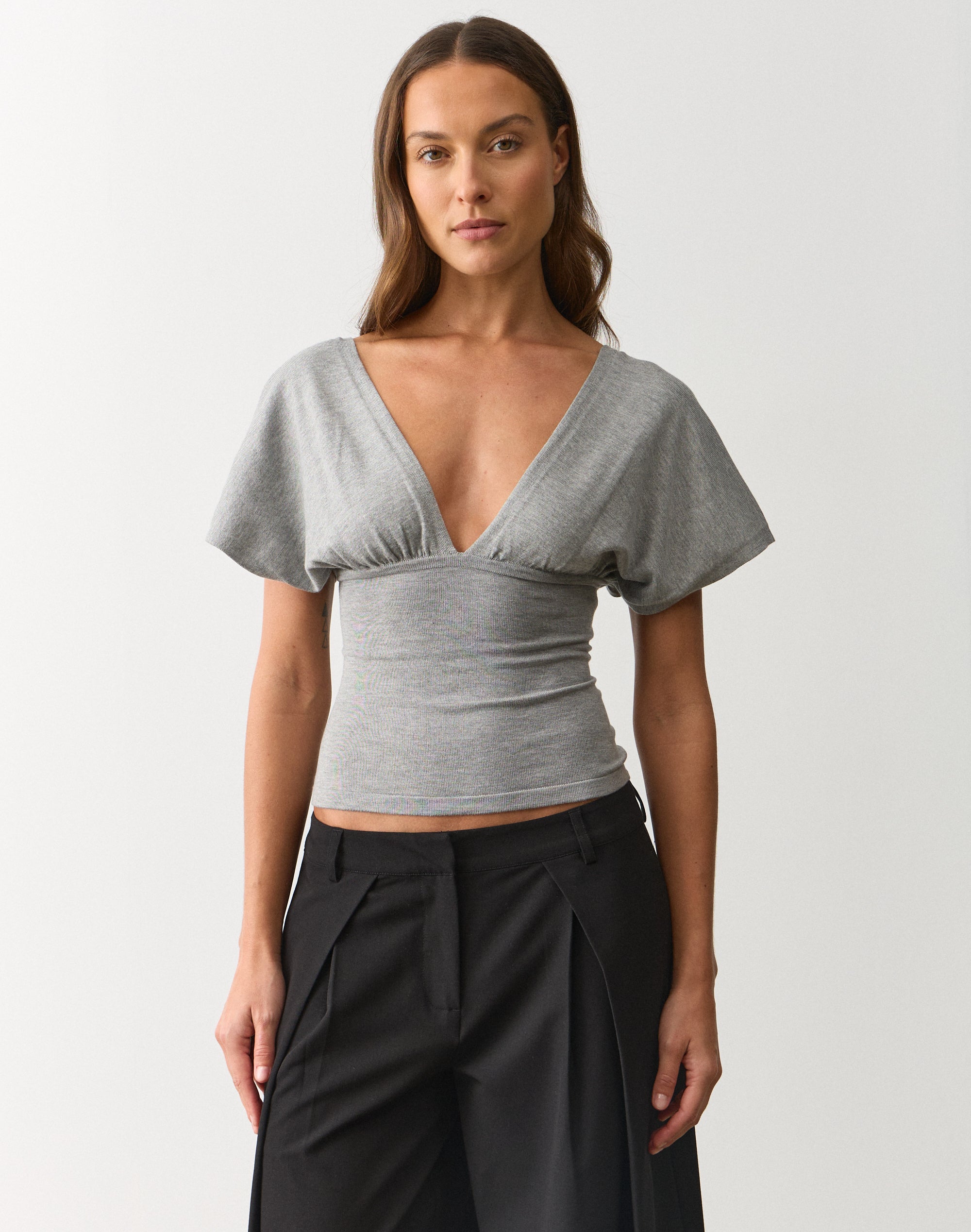 V Neck Knit Top in Grey Marle | Glassons US