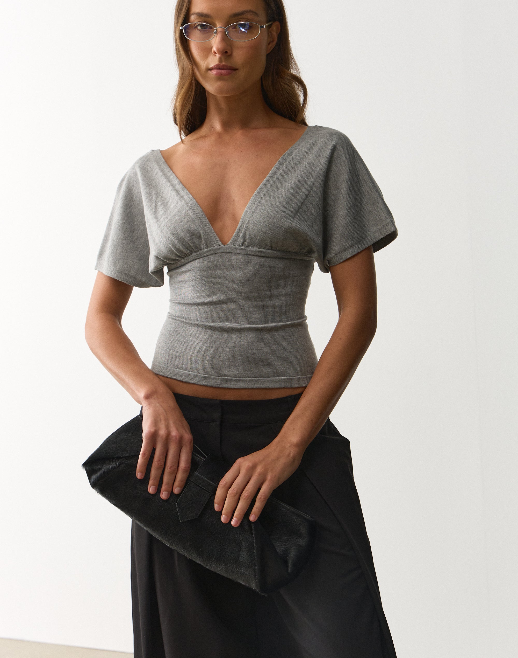 V Neck Knit Top in Grey Marle | Glassons US