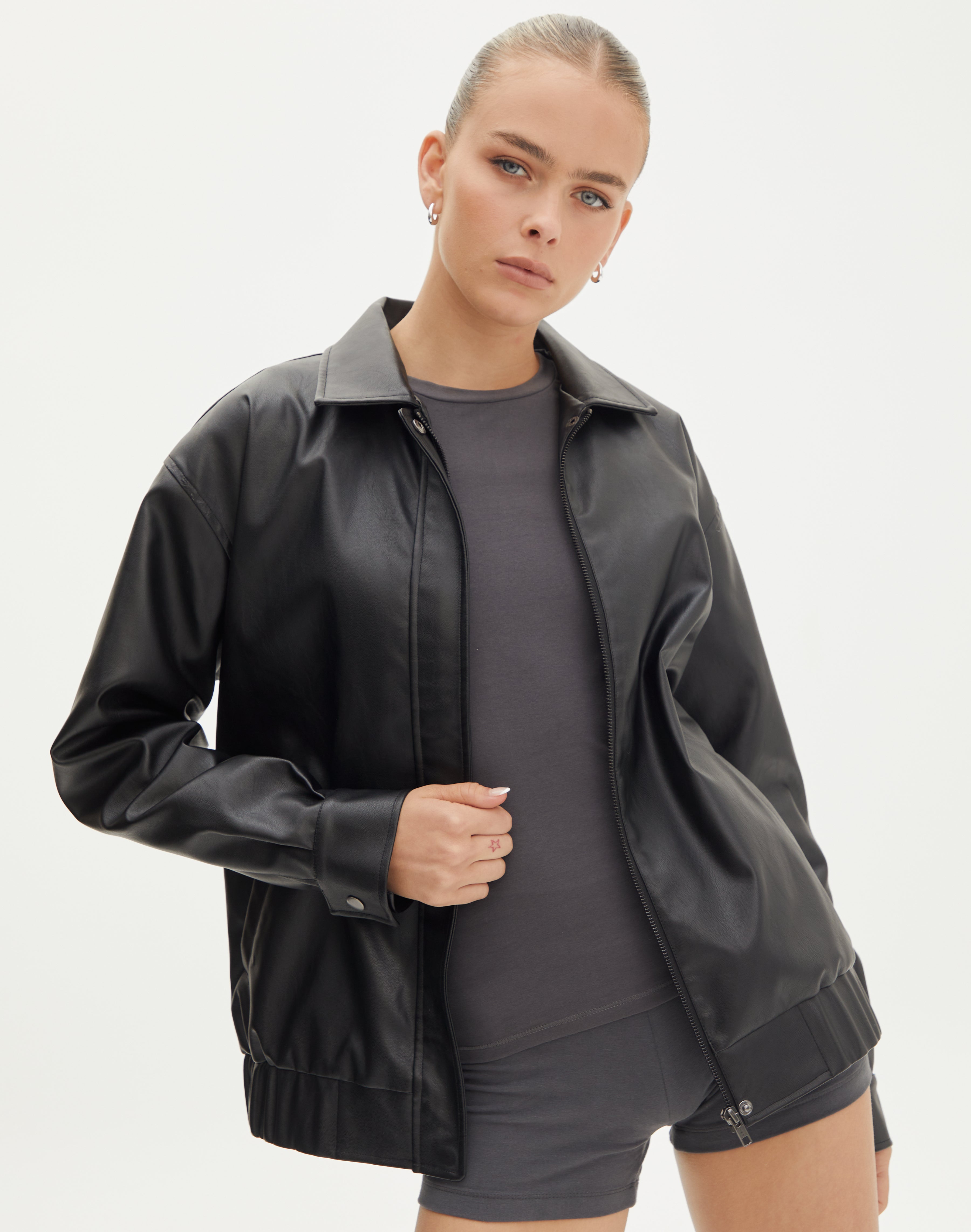 Faux Leather Drop Shoulder Oversized Jacket in Black | Glassons