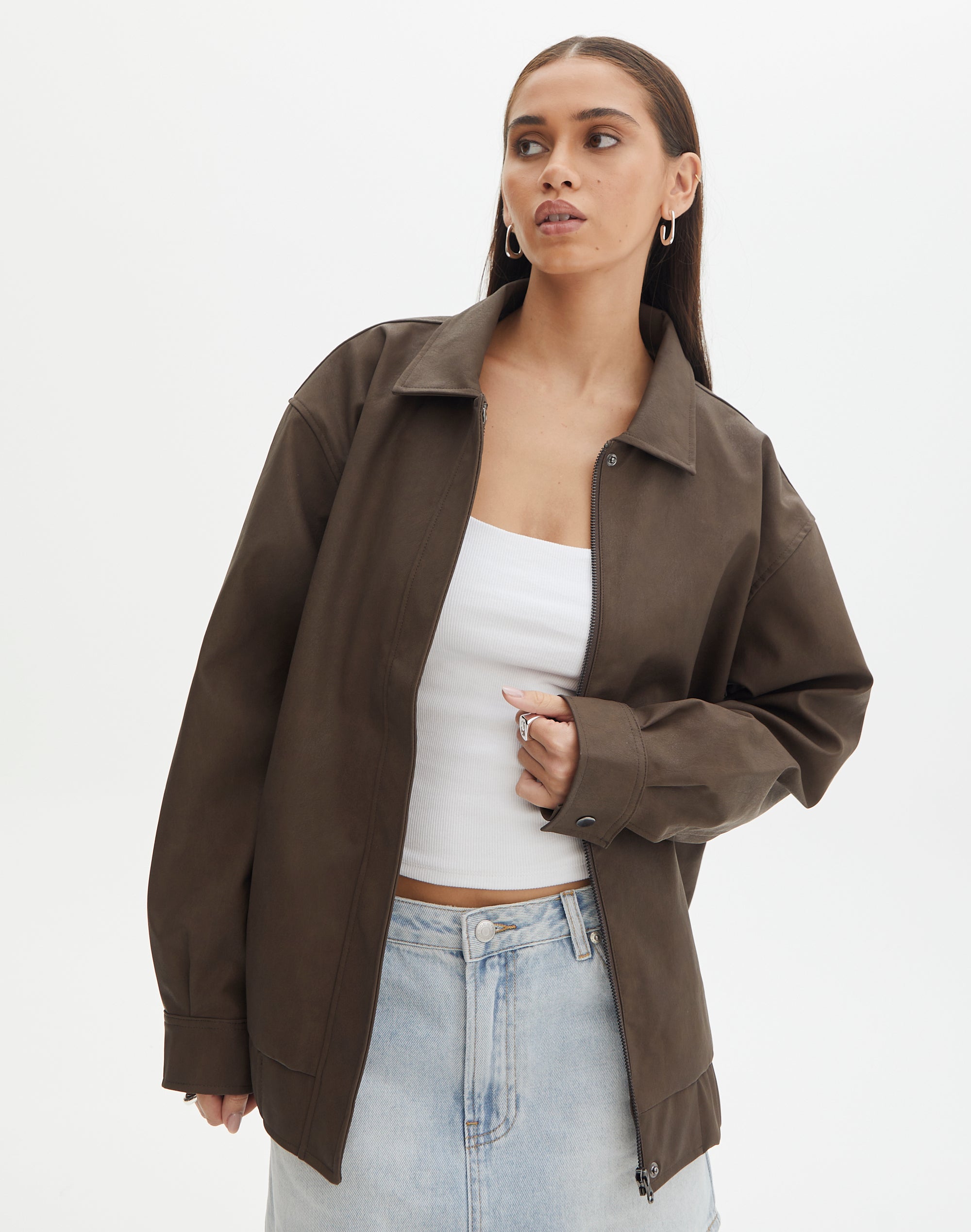 Faux Leather Drop Shoulder Oversized Jacket