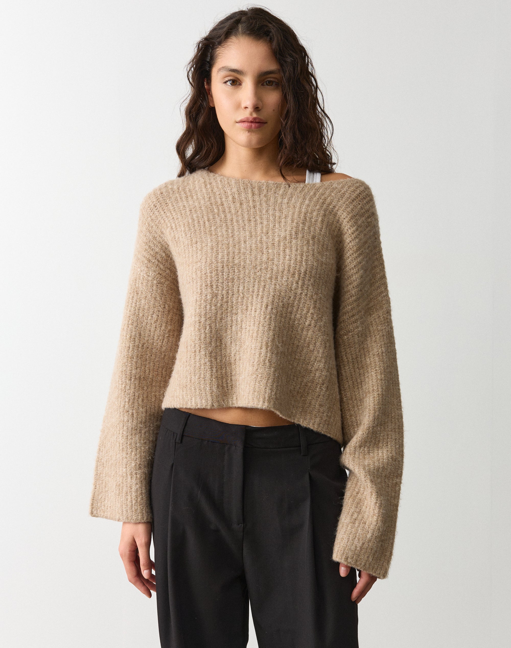 Cosy Off Shoulder Knit Long Sleeve in Neutral Marle | Glassons