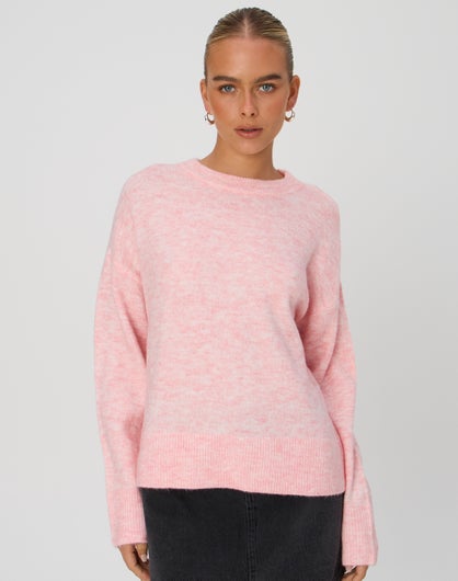 Cosy Knit Crew Neck Jumper in Pretty Pink Marle | Glassons