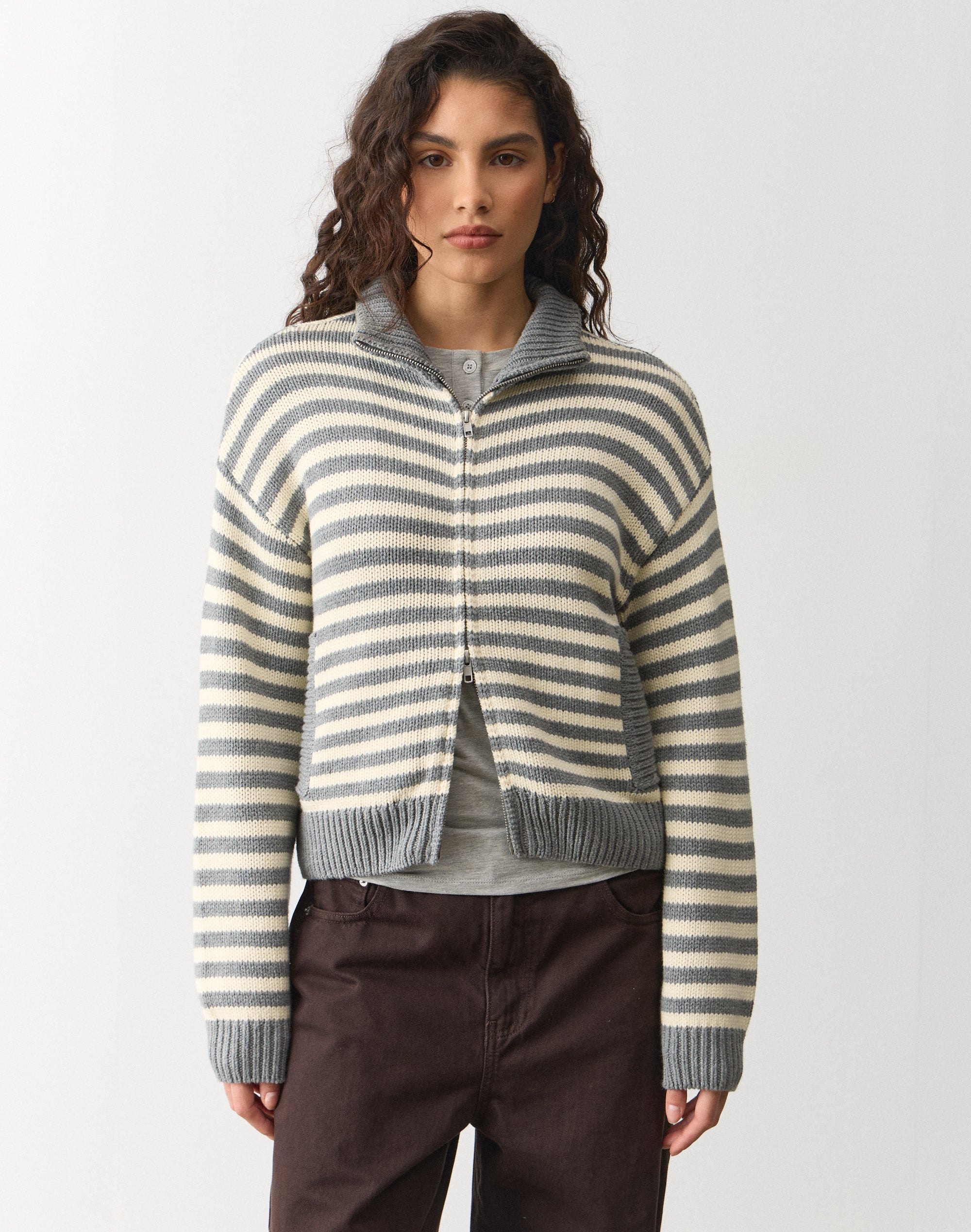 Cotton Blend Funnel Neck Zip Cardigan in Grey Butter Lena Stripe 