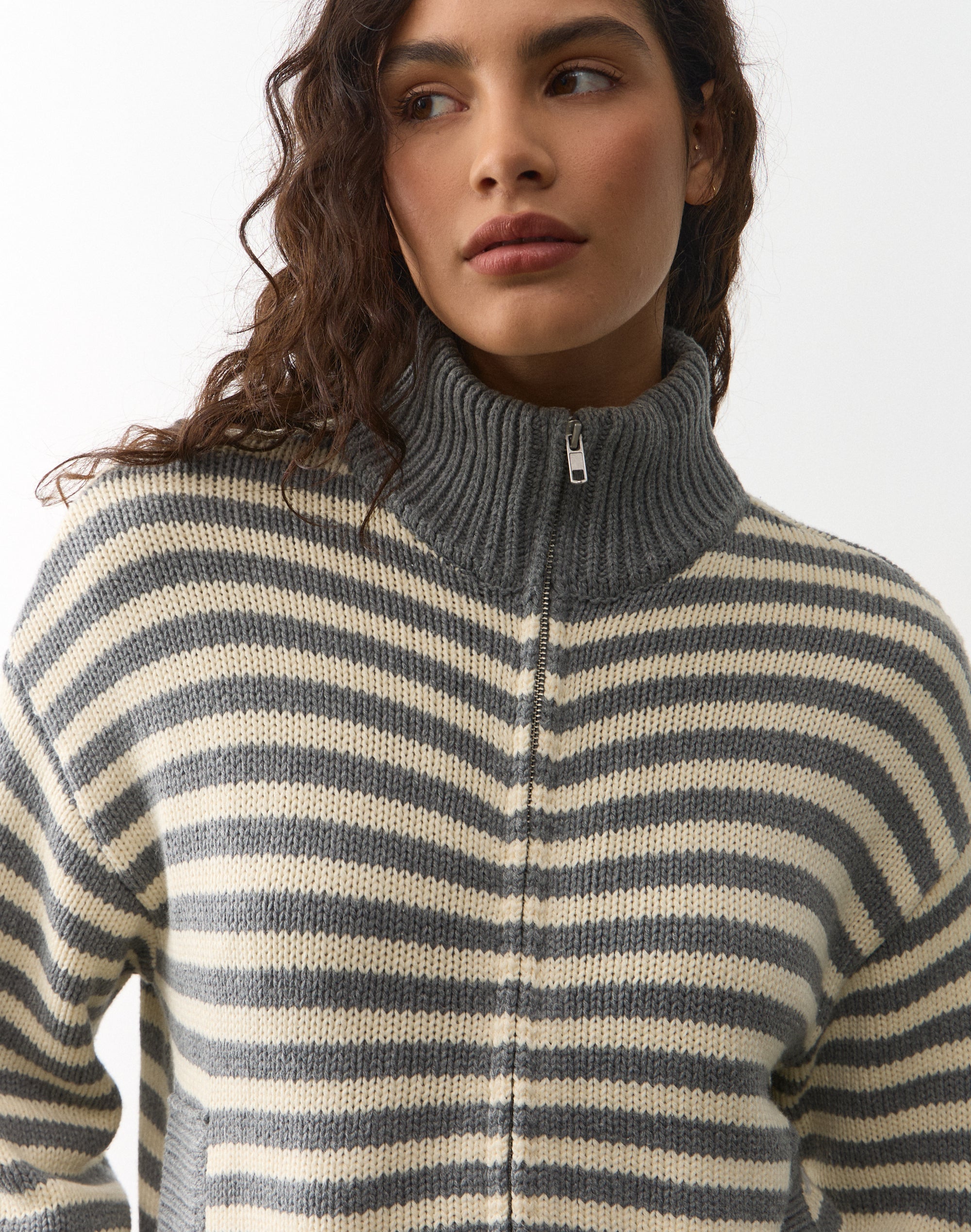 Cotton Blend Funnel Neck Zip Cardigan in Grey Butter Lena Stripe