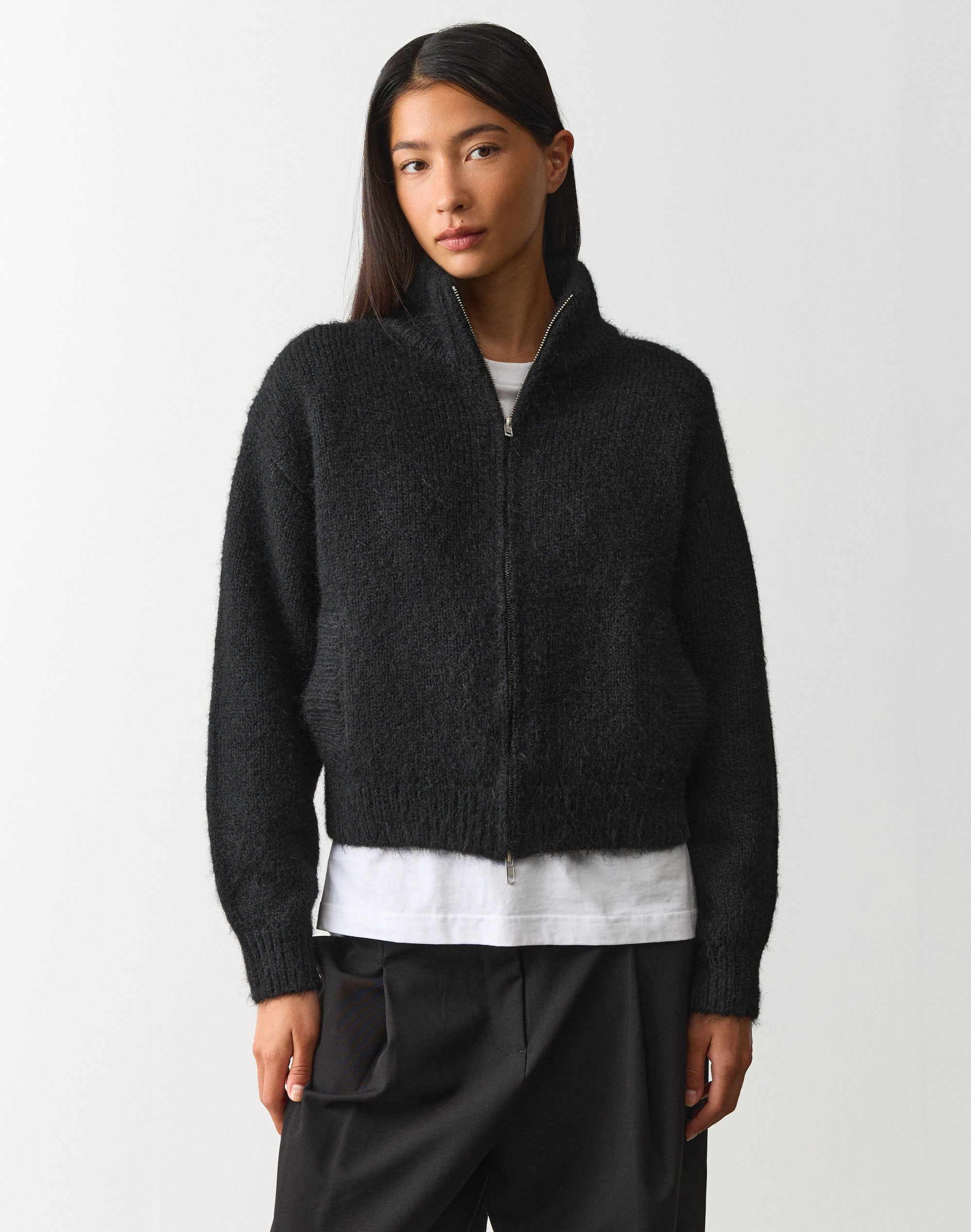 Funnel Neck Zip Knit Cardigan in Black | Glassons US
