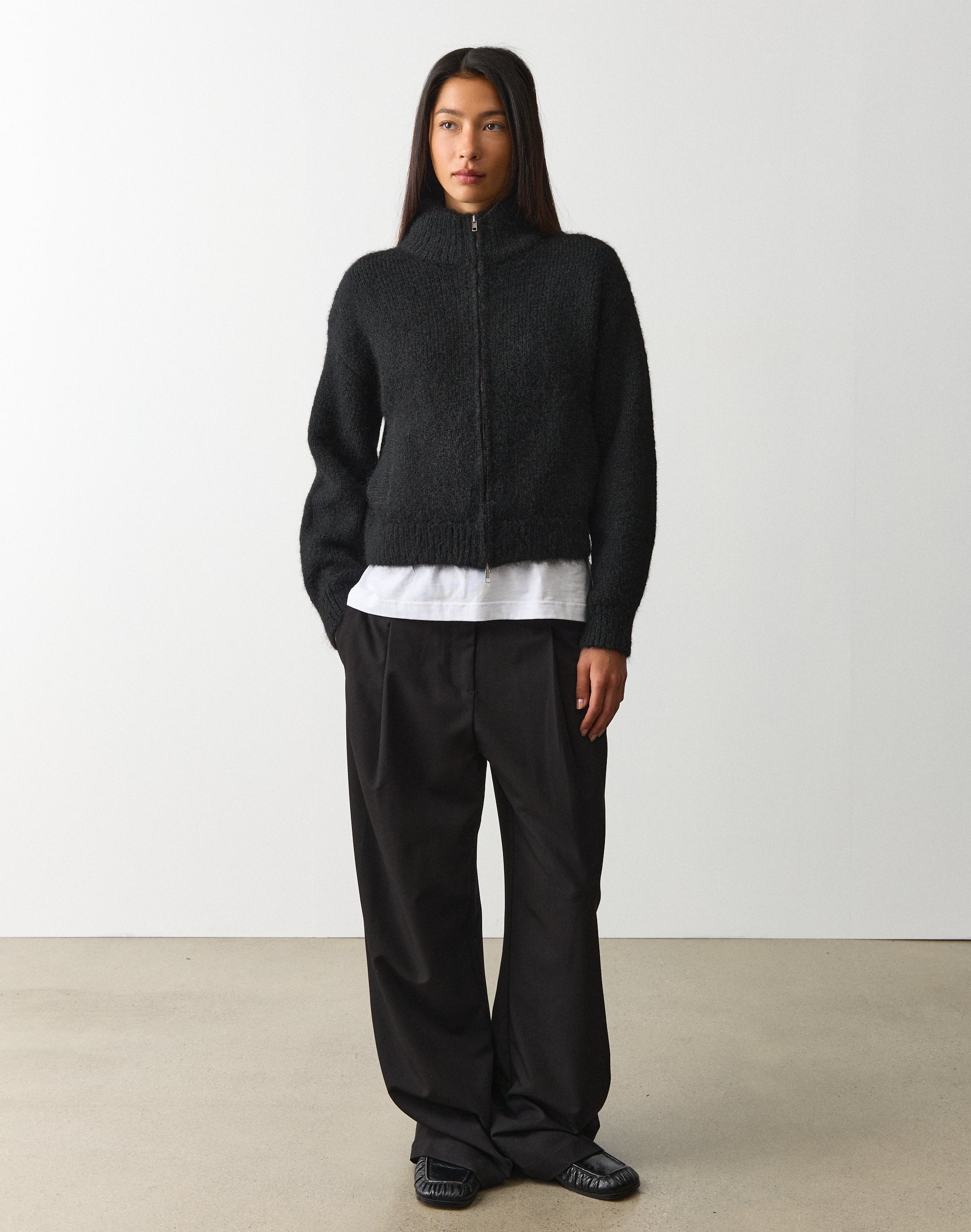 Funnel Neck Zip Knit Cardigan in Black | Glassons US