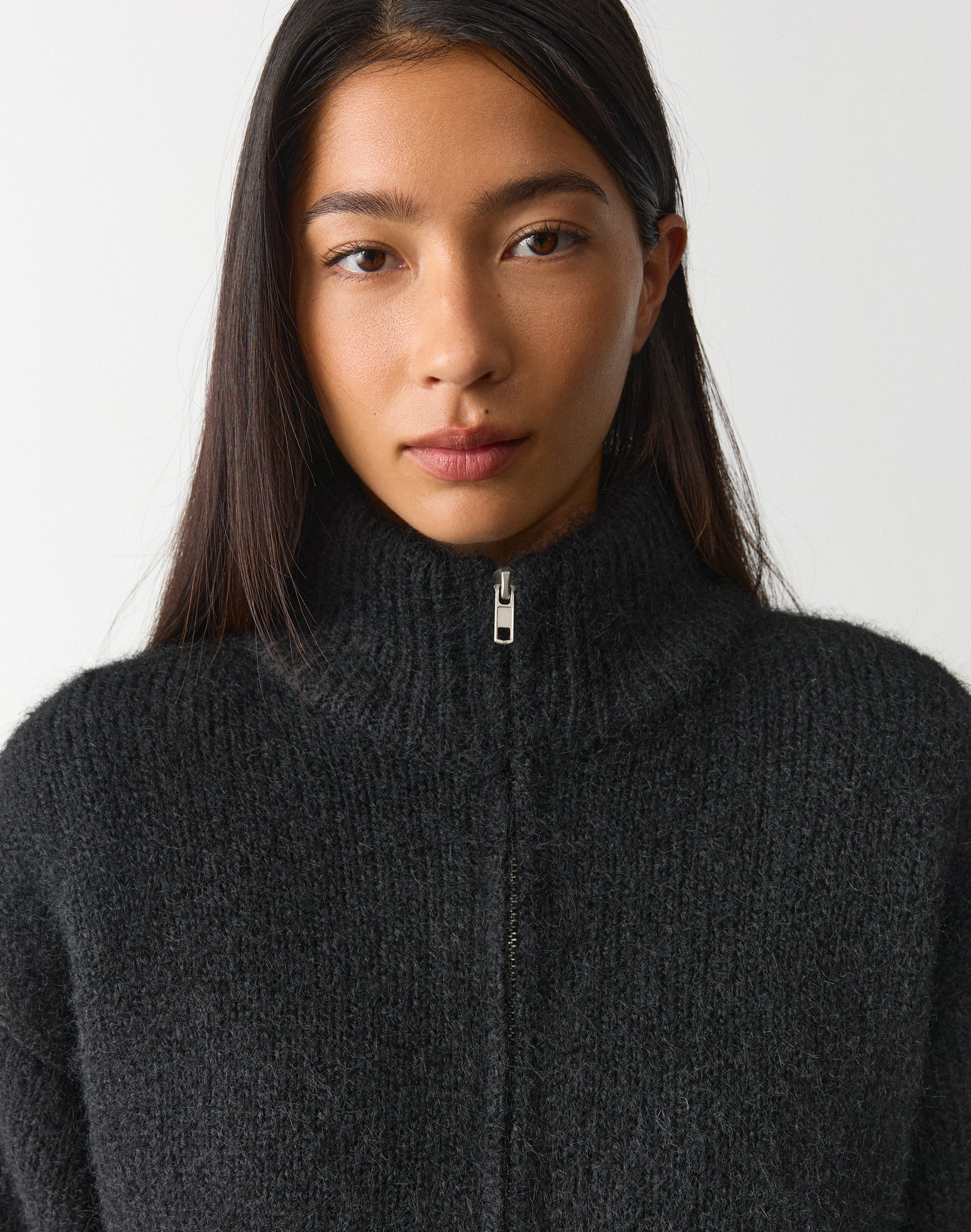 Funnel Neck Zip Knit Cardigan in Black | Glassons US