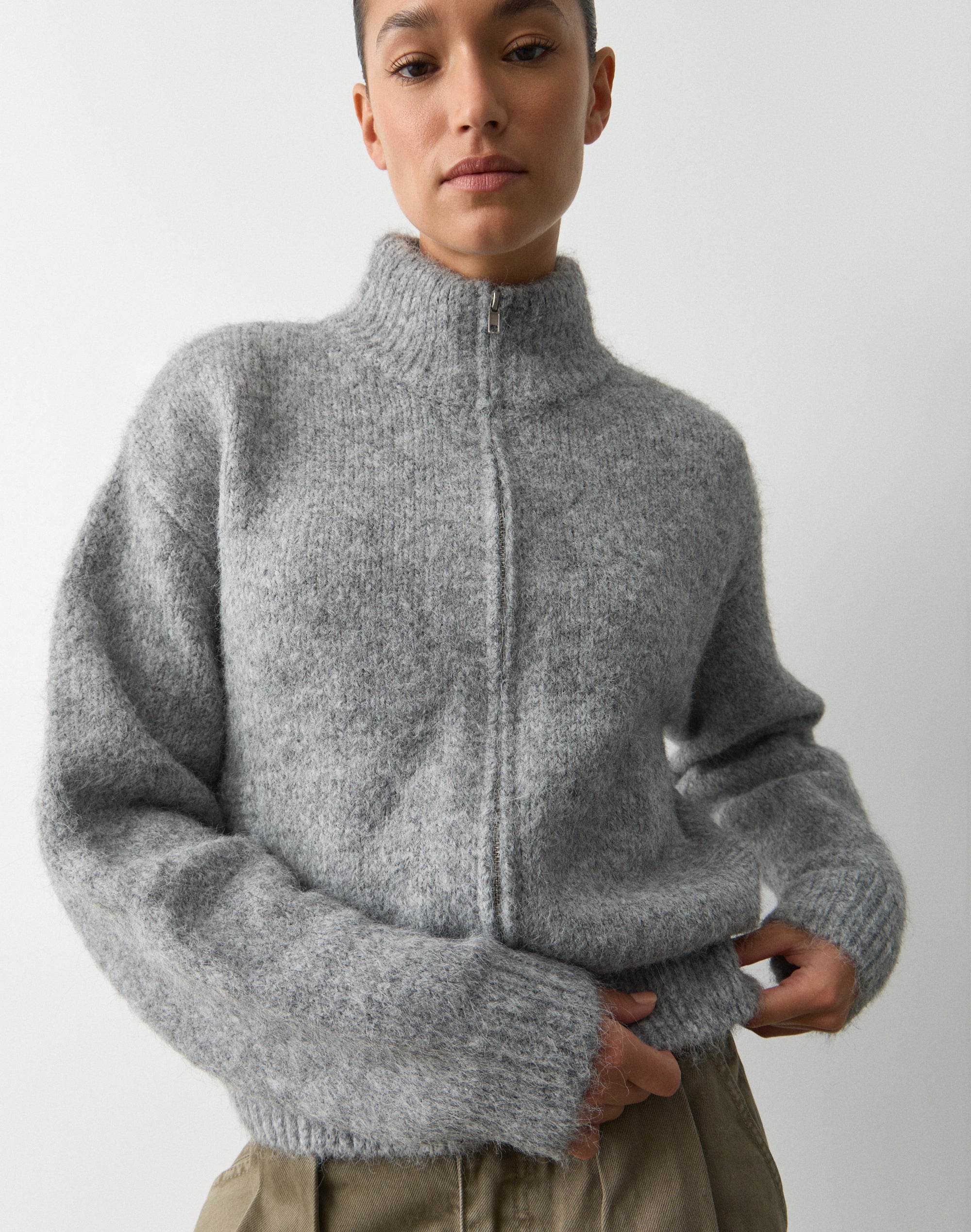 Funnel Neck Zip Knit Cardigan in Grey Marle | Glassons SG