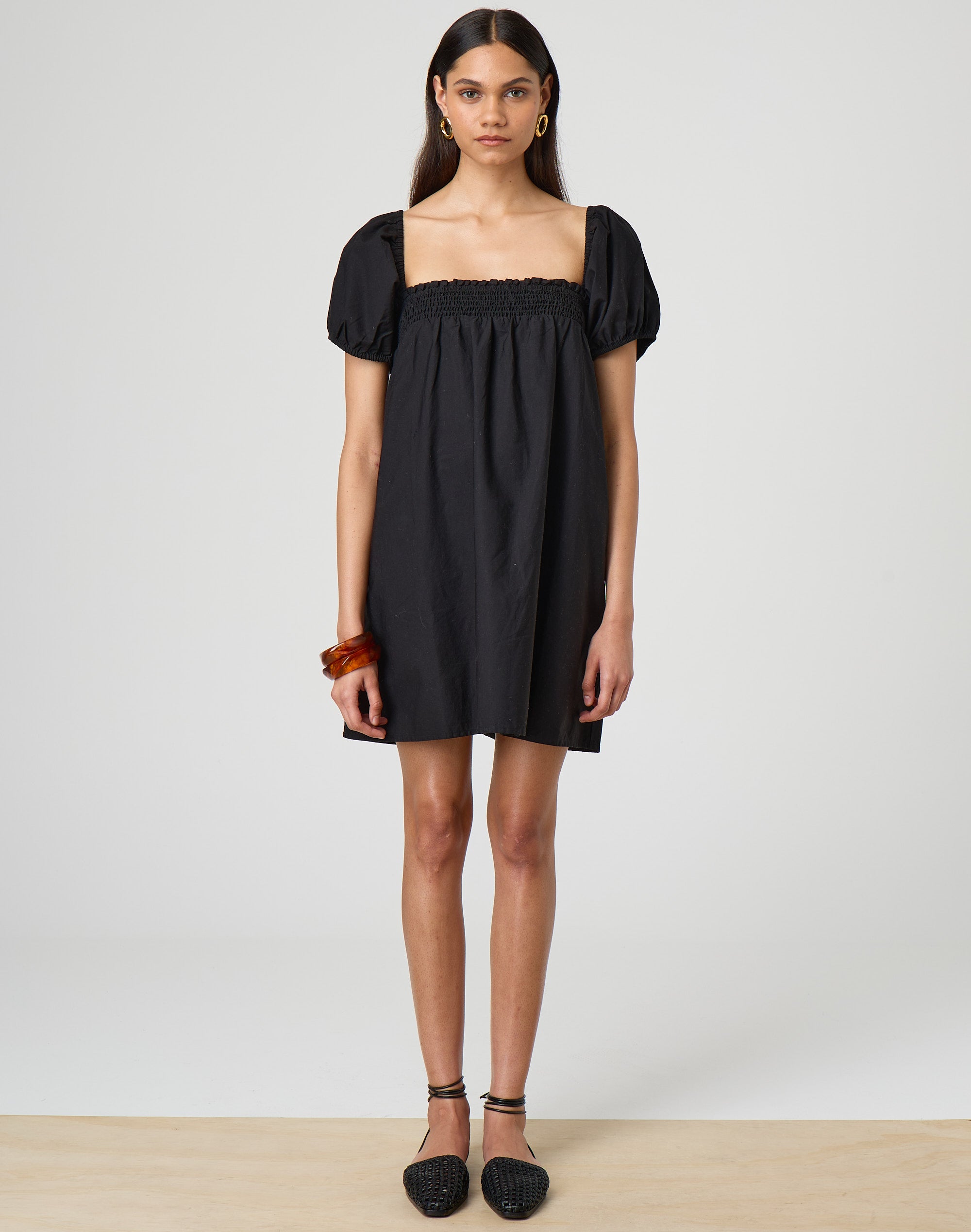 Poplin Puff Sleeve Mini Dress in Black Glassons