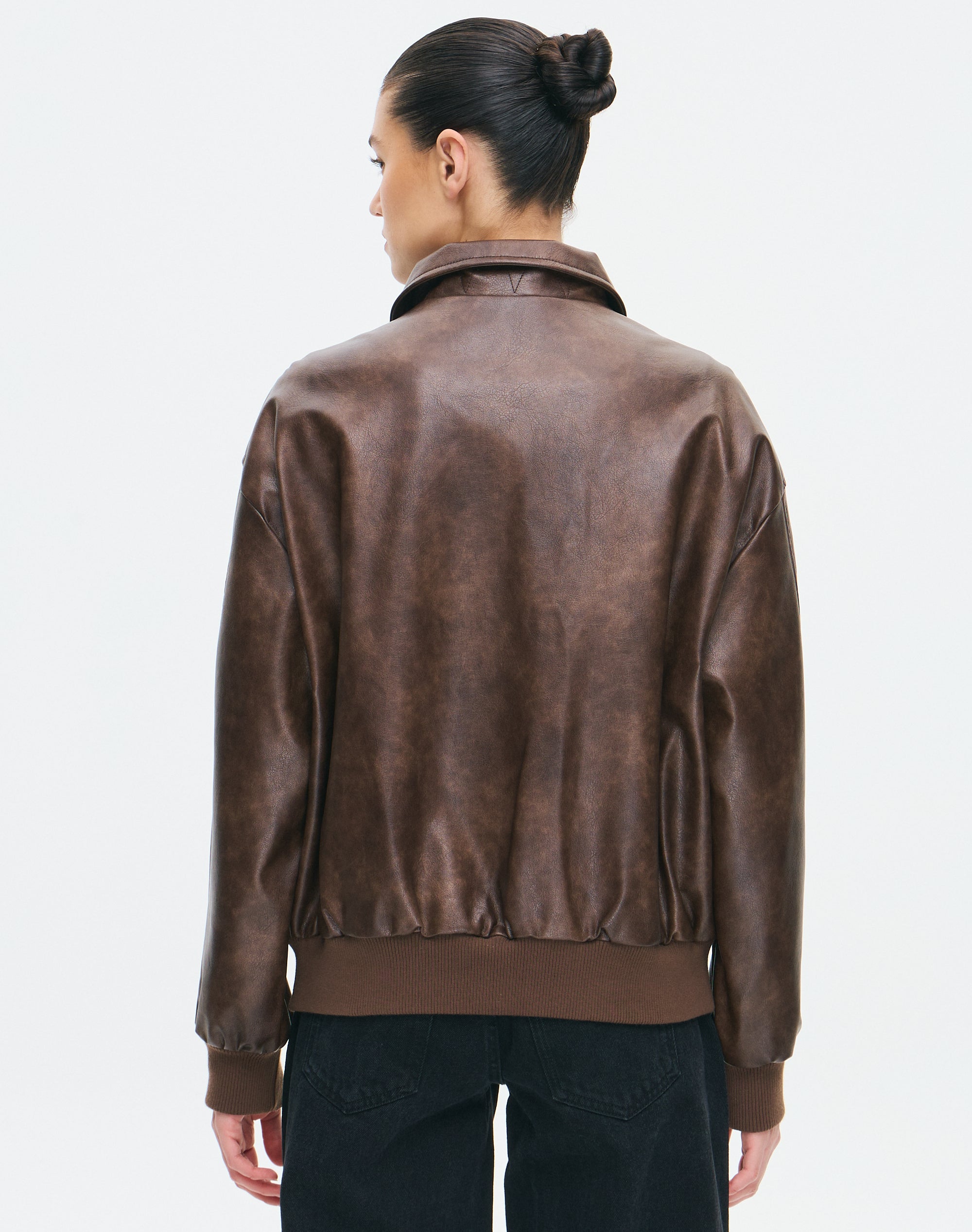 Faux Leather Bomber Jacket in Buffed Choc Brown Glassons AU