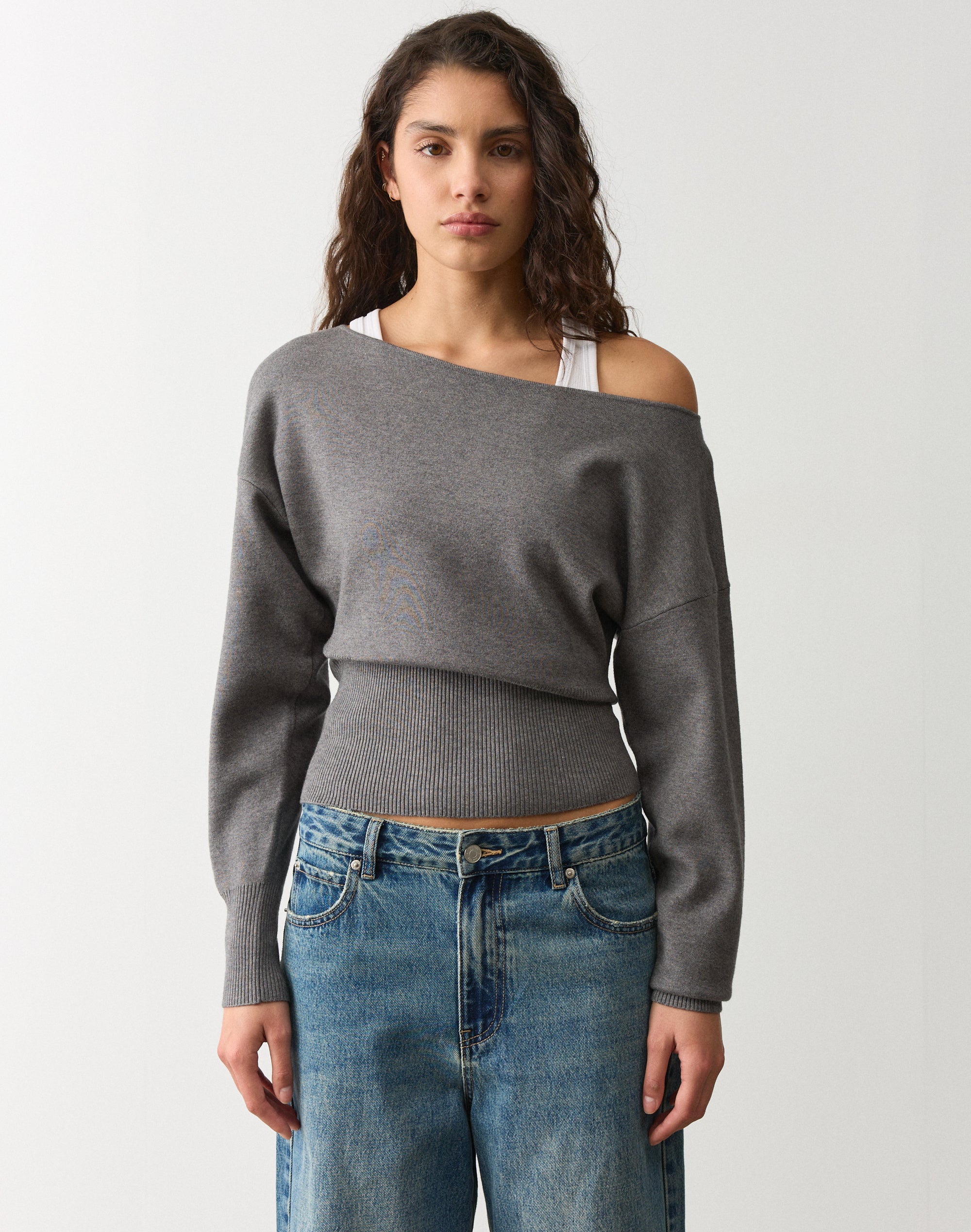 Off Shoulder Rib Waist Long Sleeve Knit in Charcoal Marle