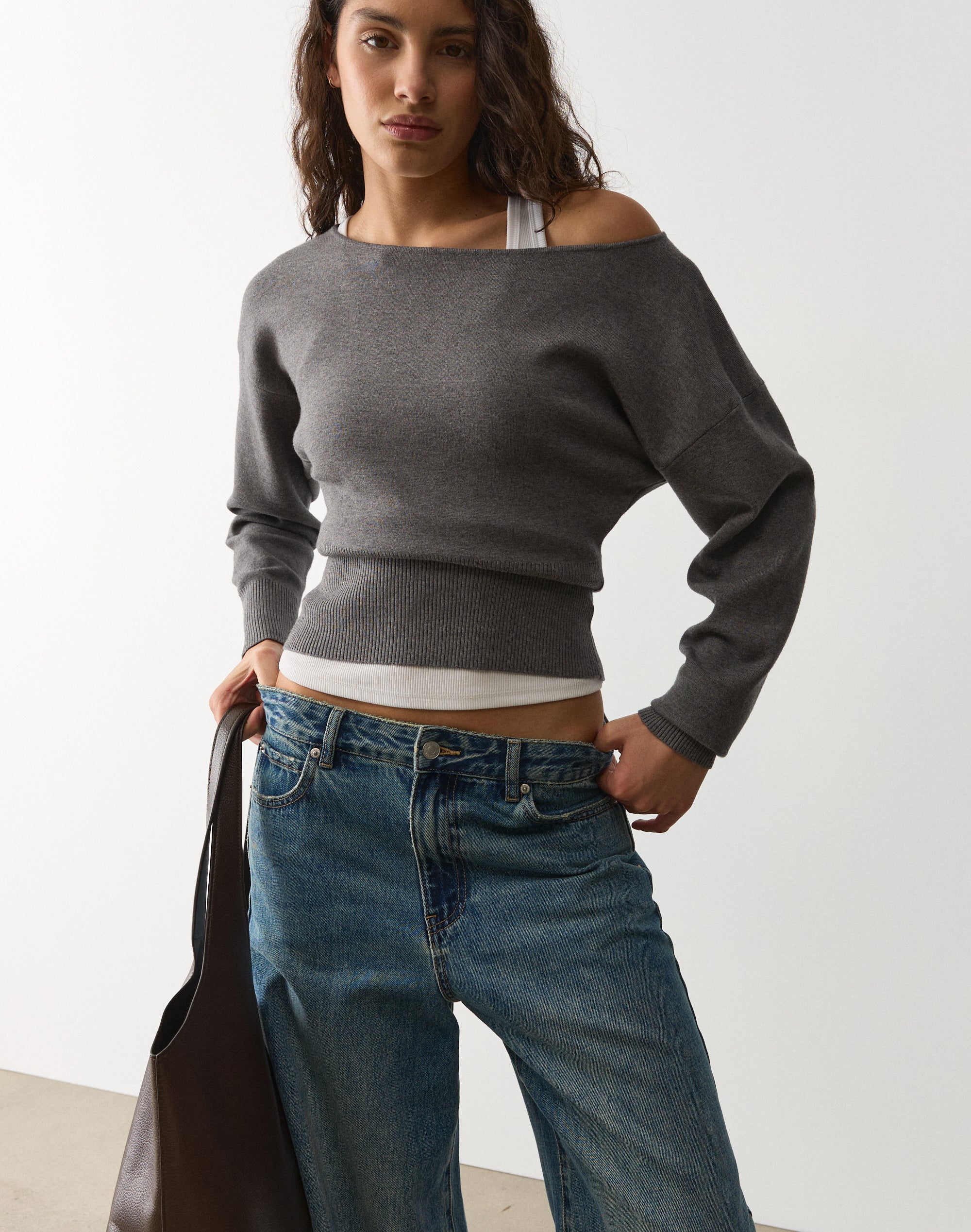 Off Shoulder Rib Waist Long Sleeve Knit in Charcoal Marle Off Shoulder Rib Waist Long Sleeve Knit in Charcoal Marle