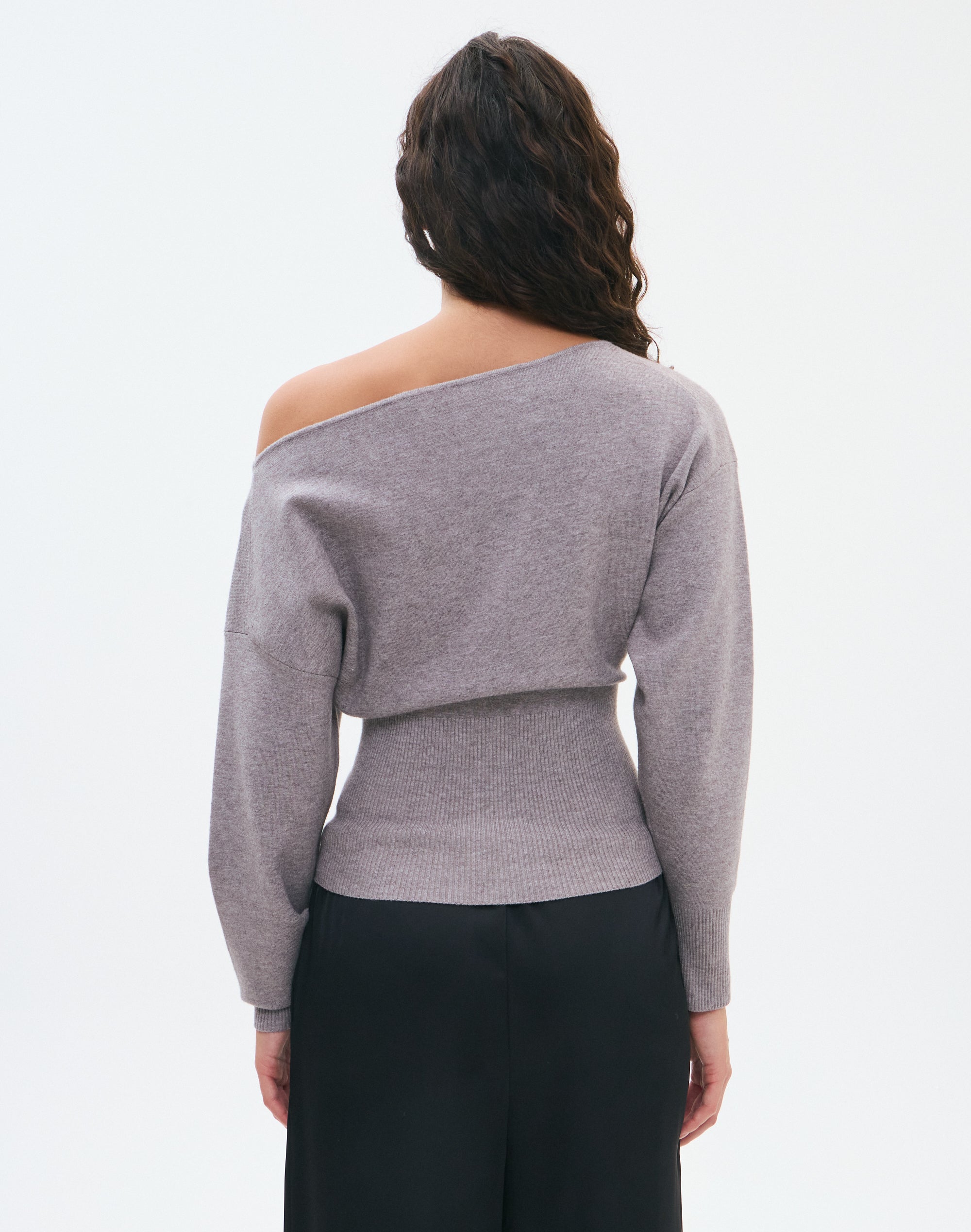 Off Shoulder Rib Waist Long Sleeve Knit in Dark Grey Marle
