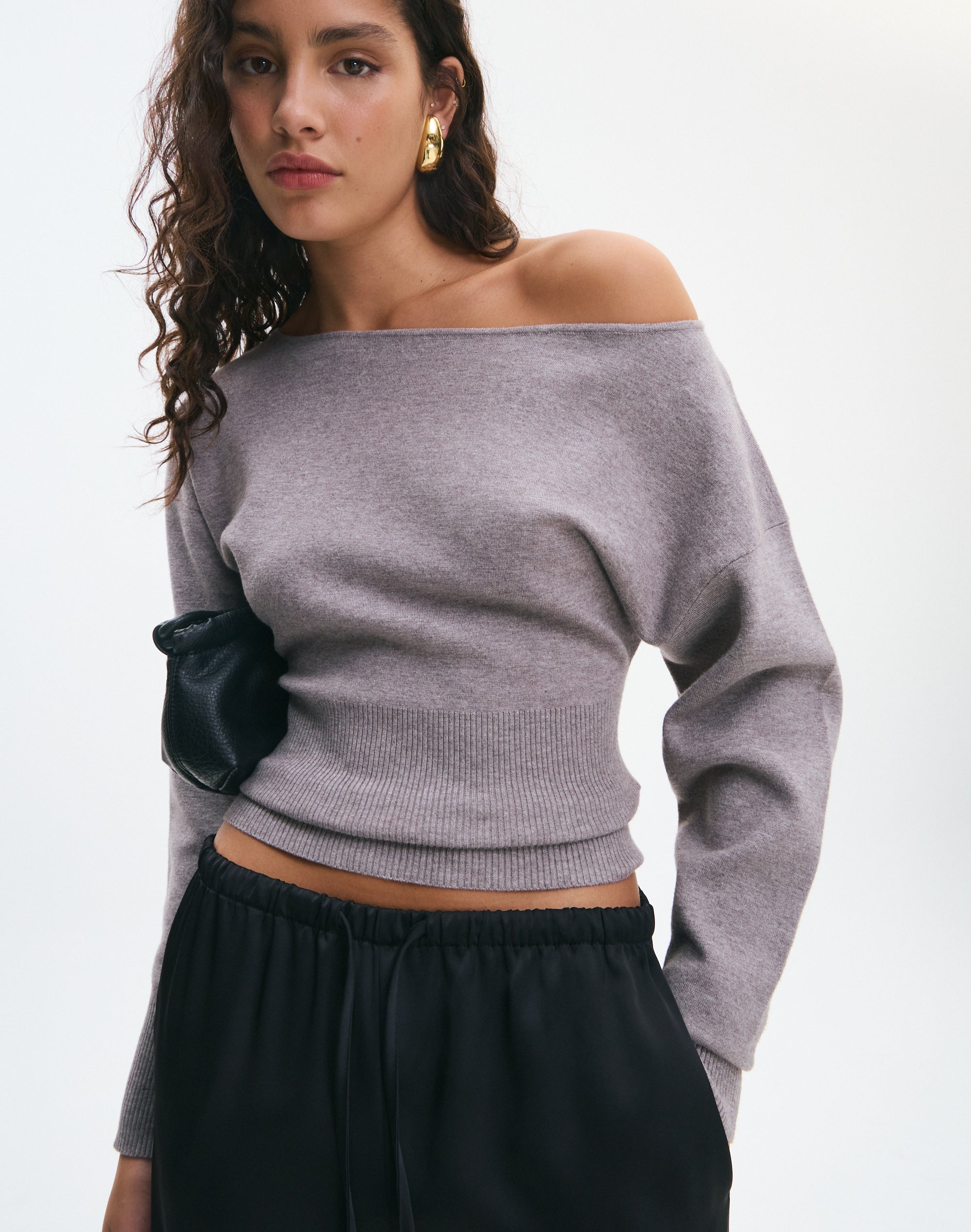 Off Shoulder Rib Waist Long Sleeve Knit in Dark Grey Marle