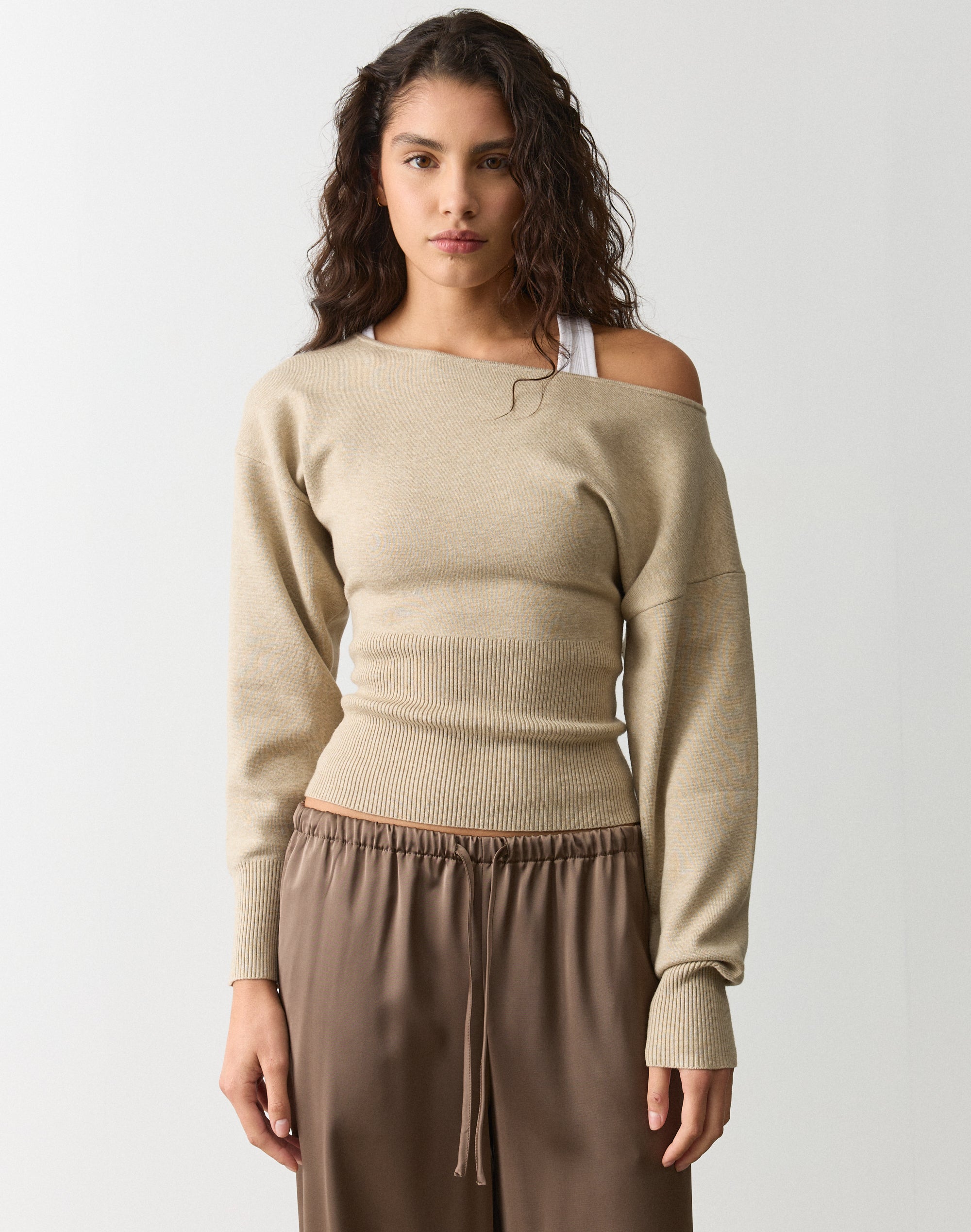 Off Shoulder Rib Waist Long Sleeve Knit in Light Neutral | Glassons AU
