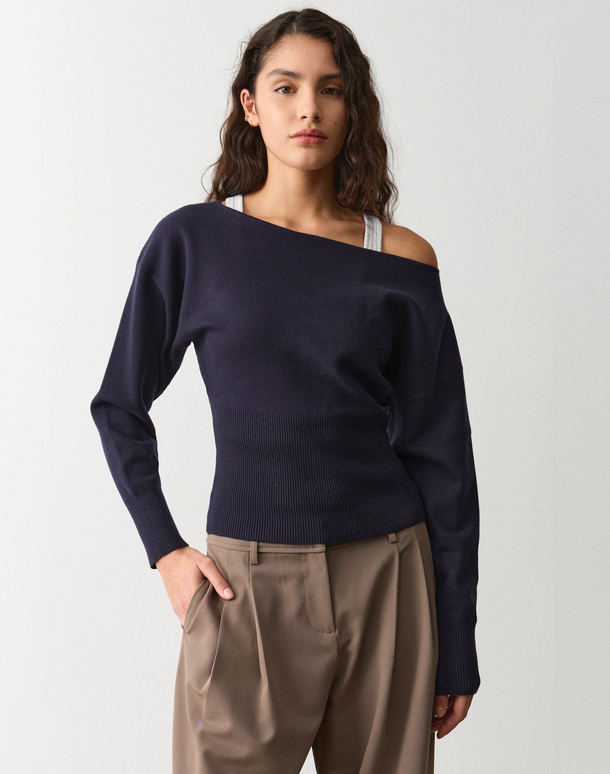 Off Shoulder Rib Waist Long Sleeve Knit in Midnight Mischief