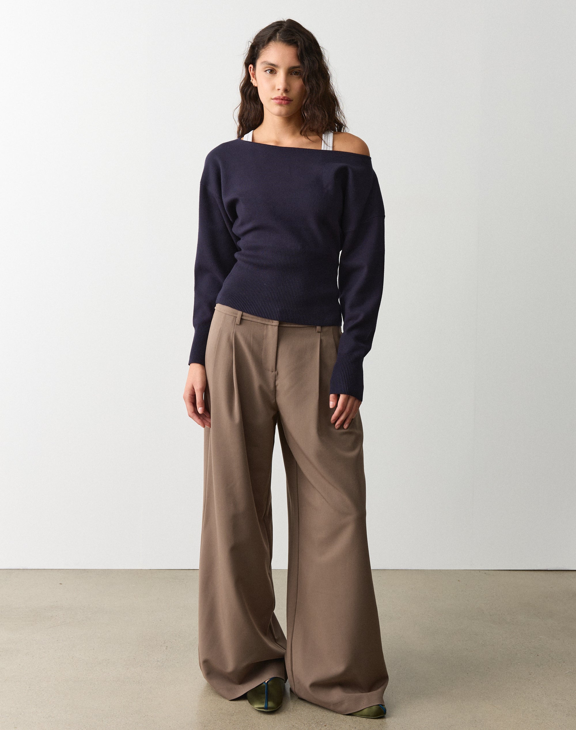 Off Shoulder Rib Waist Long Sleeve Knit in Midnight Mischief