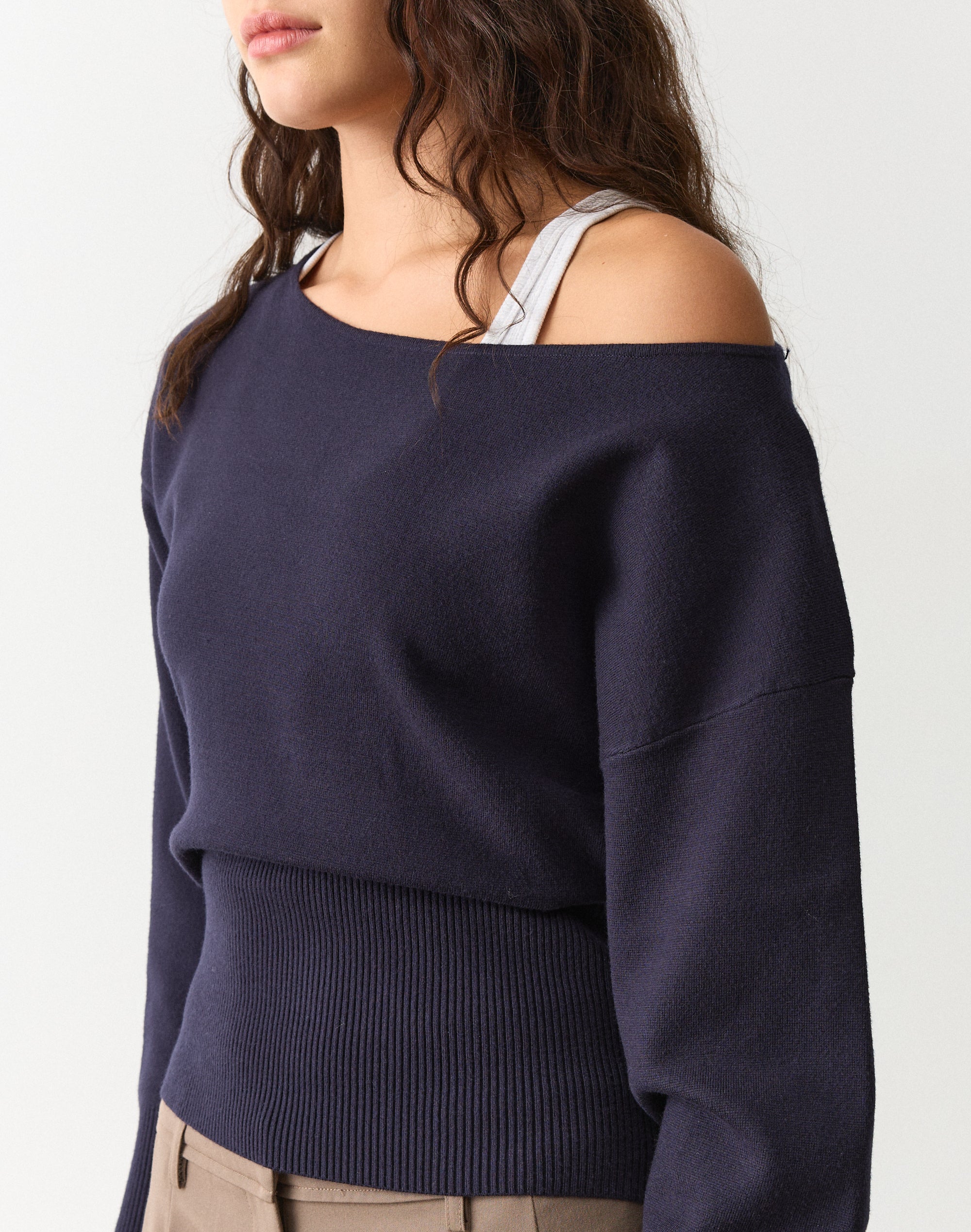 Off Shoulder Rib Waist Long Sleeve Knit in Midnight Mischief
