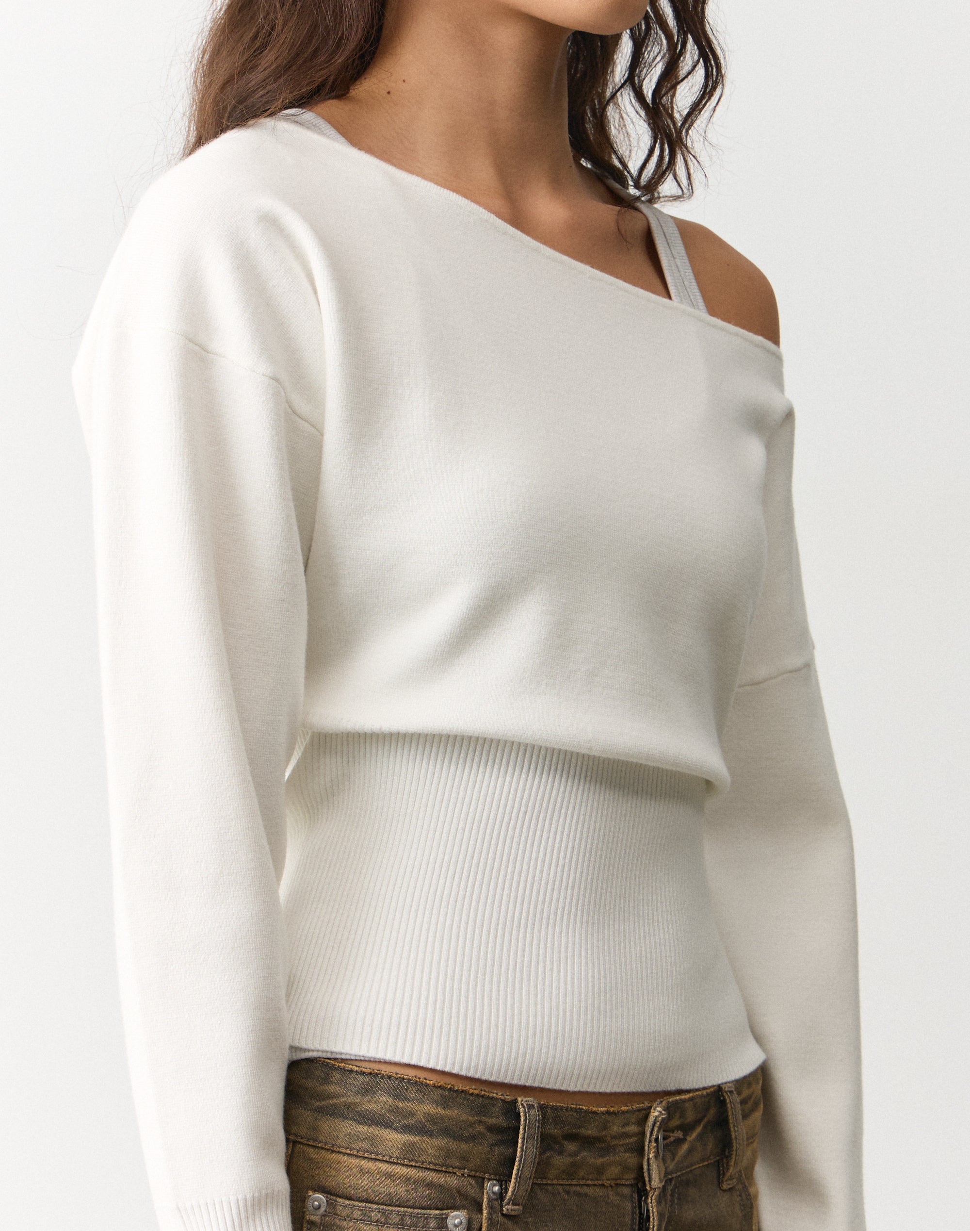 Off Shoulder Rib Waist Long Sleeve Knit in Milk | Glassons US