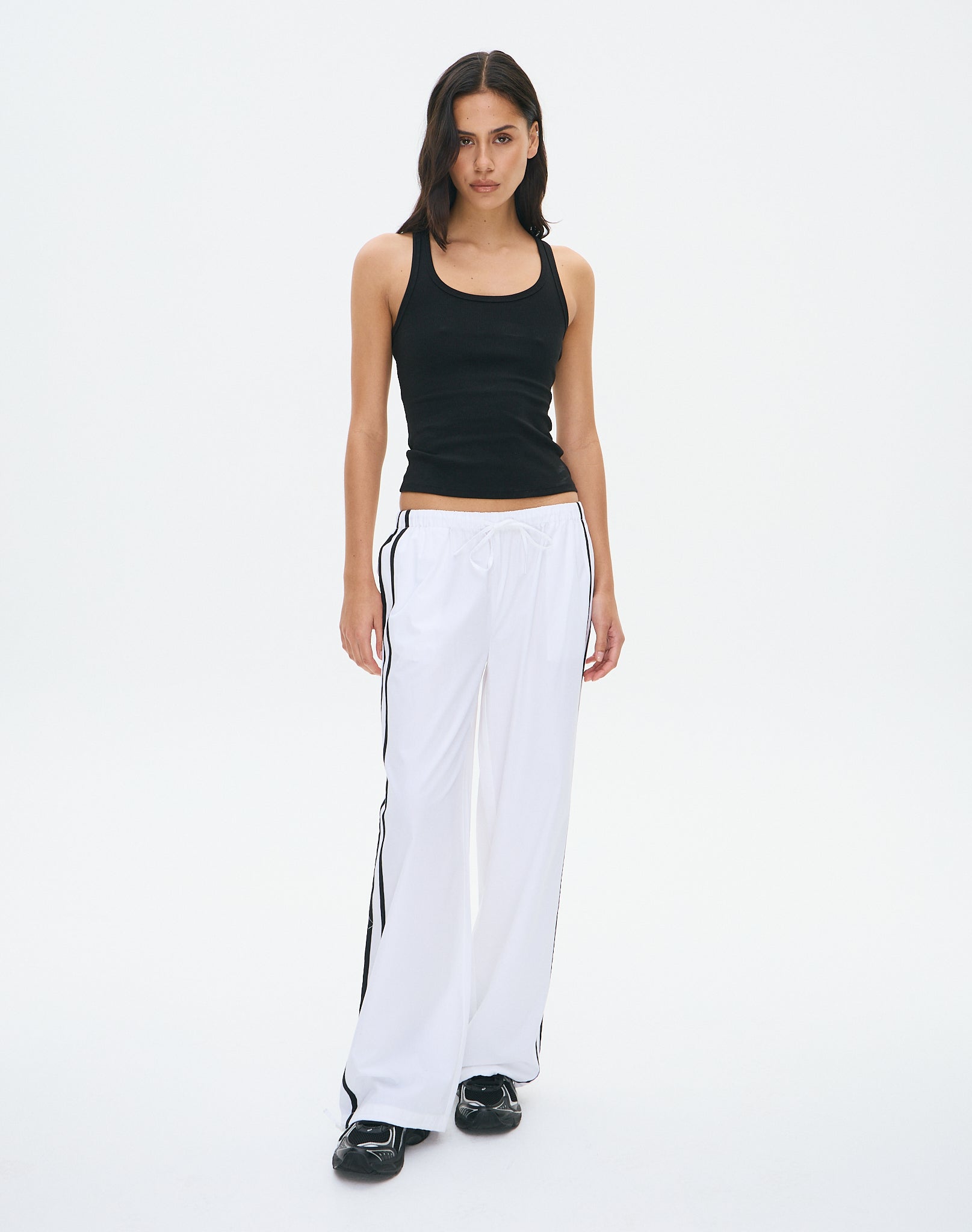 Cotton Low Rise Tie Waist Jogger in White X Black Glassons