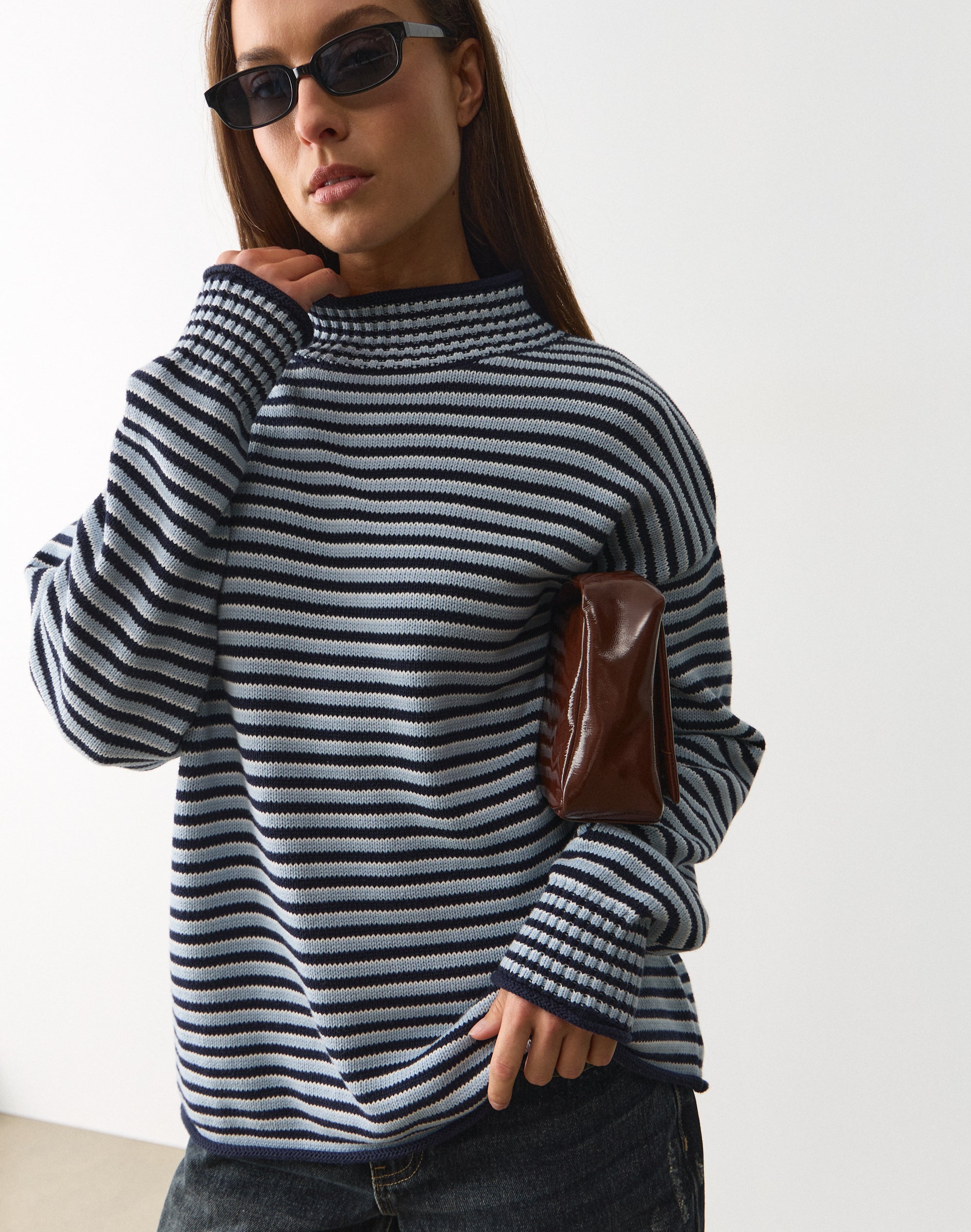 Cotton Mock Neck Knit Jumper in Nautical Western Isla Stripe