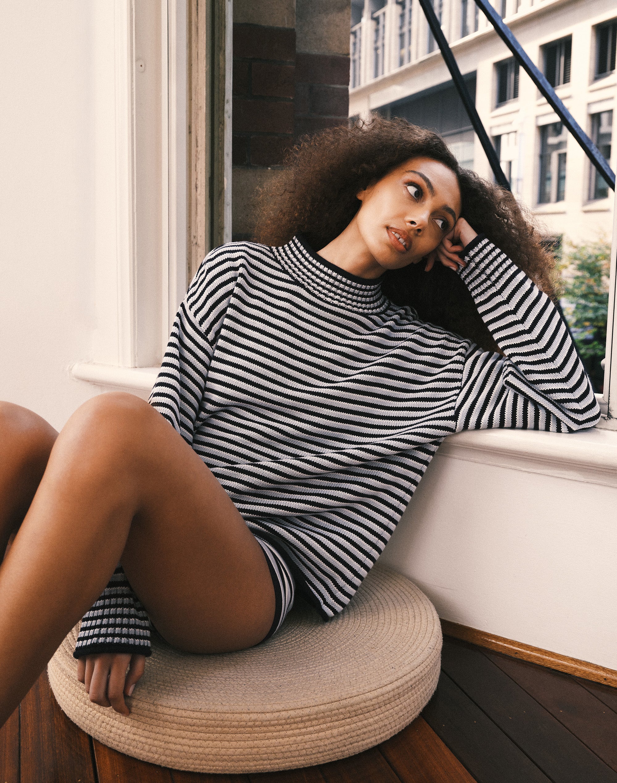 Cotton Mock Neck Knit Jumper in Nautical Western Isla Stripe