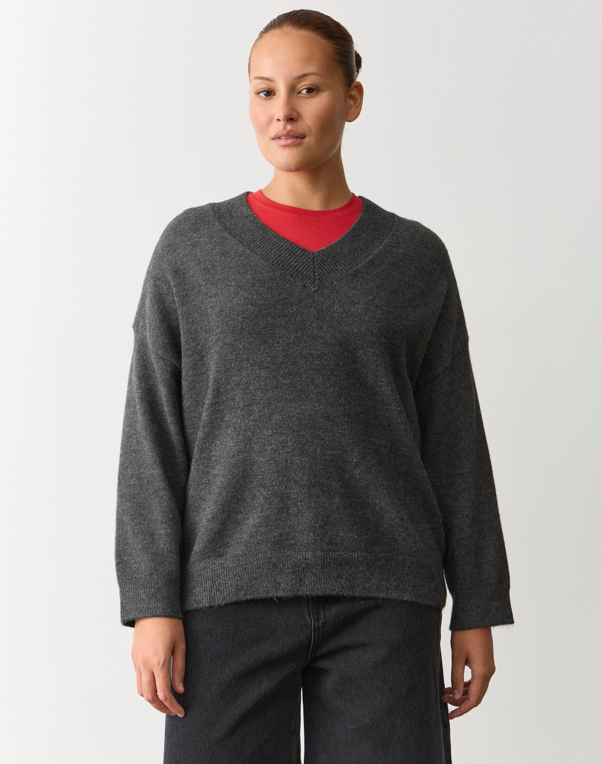 Cosy V Neck Knit Jumper in Charcoal Marle | Glassons US