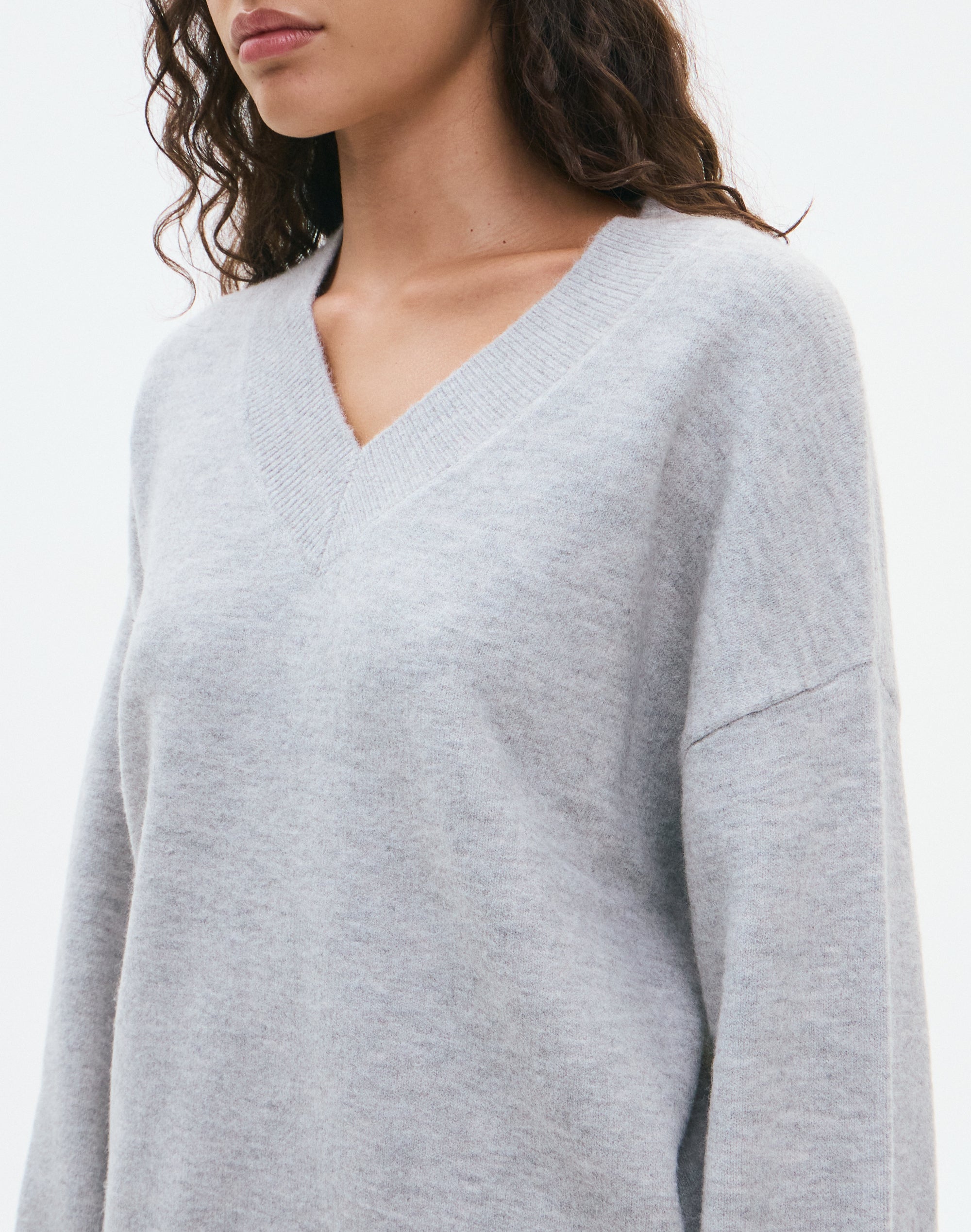 Cosy V Neck Knit Jumper in Pale Grey Marle | Glassons US