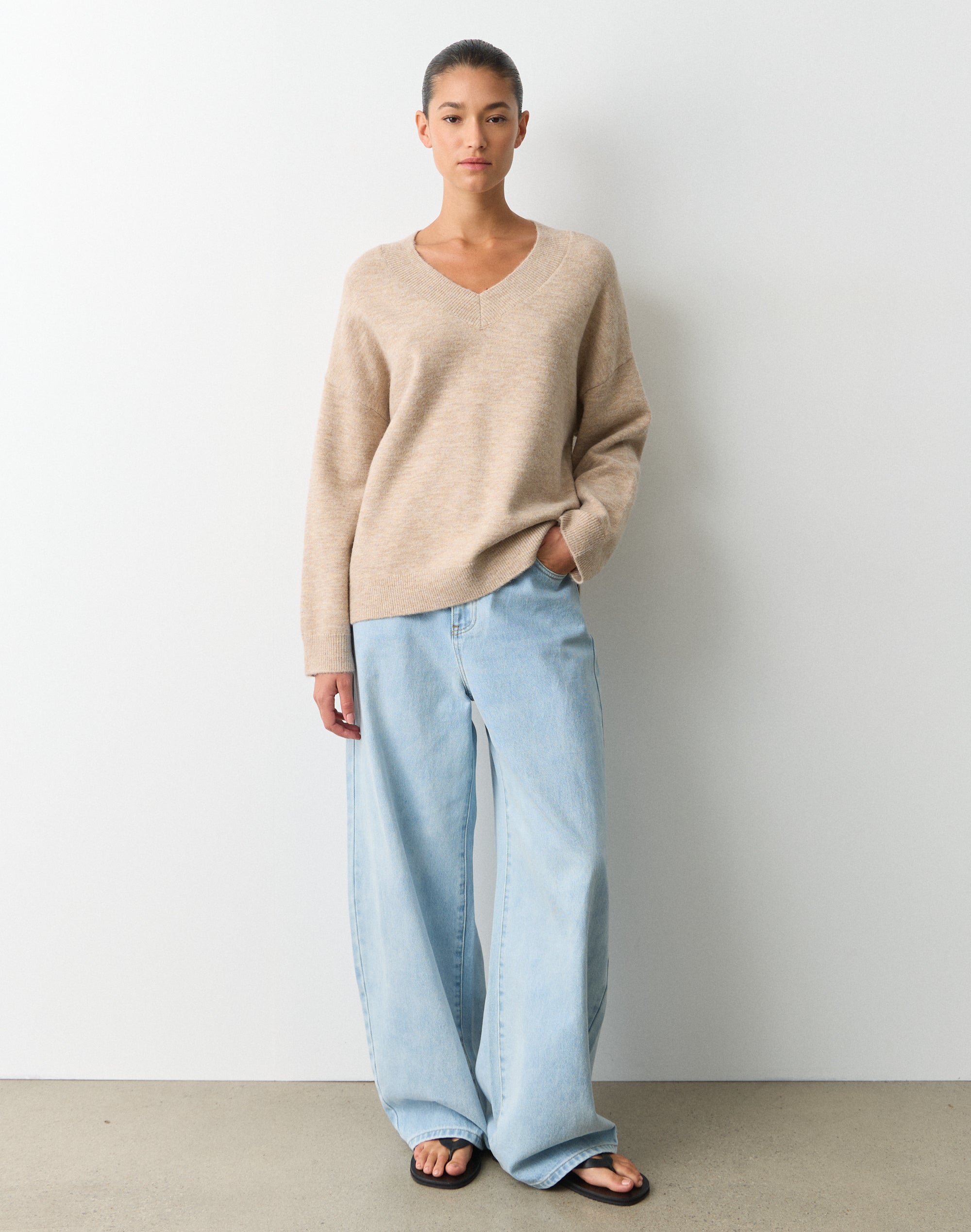 Cosy V Neck Knit Jumper in Solid Sand Marle | Glassons US