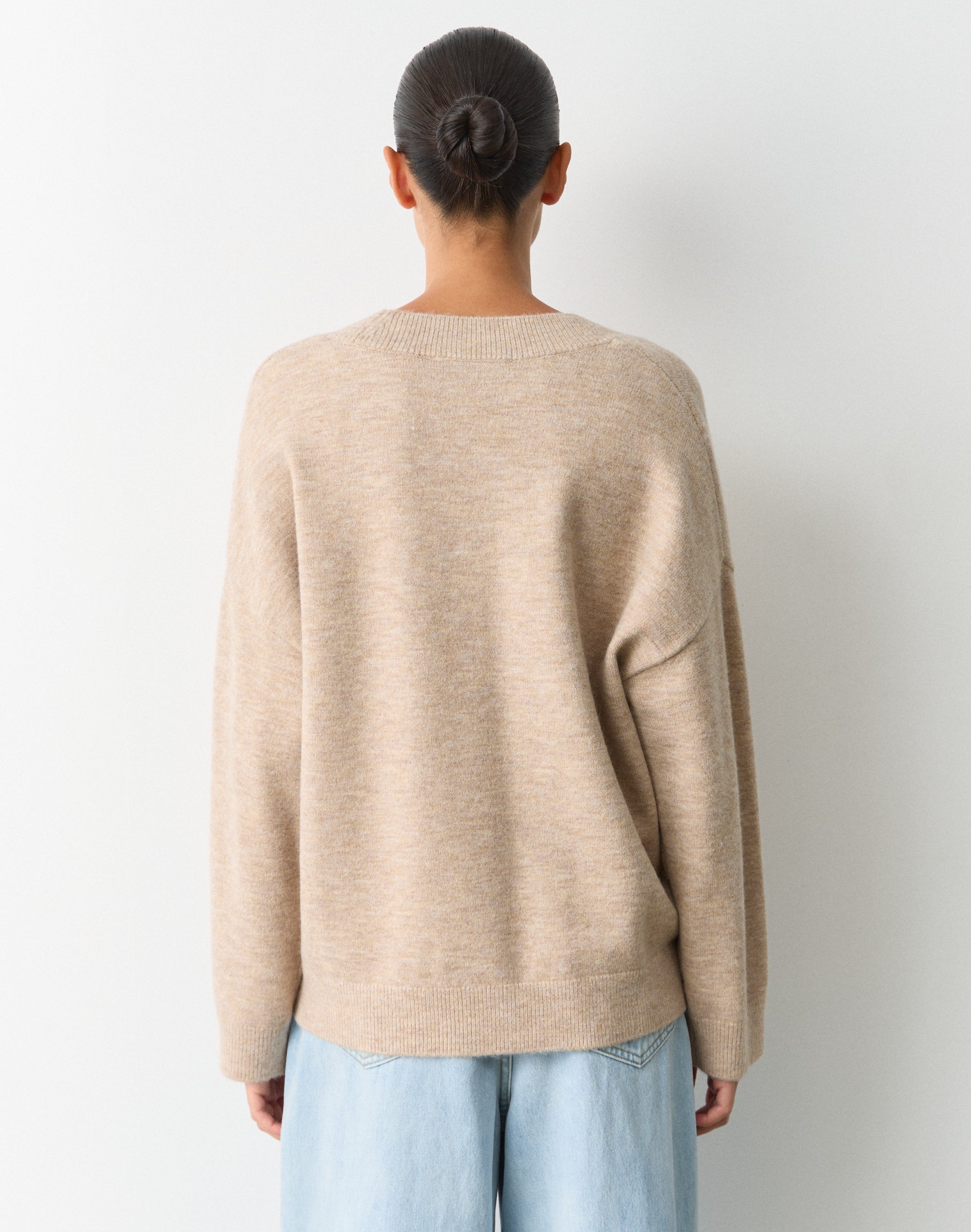 Cosy V Neck Knit Jumper in Solid Sand Marle | Glassons US