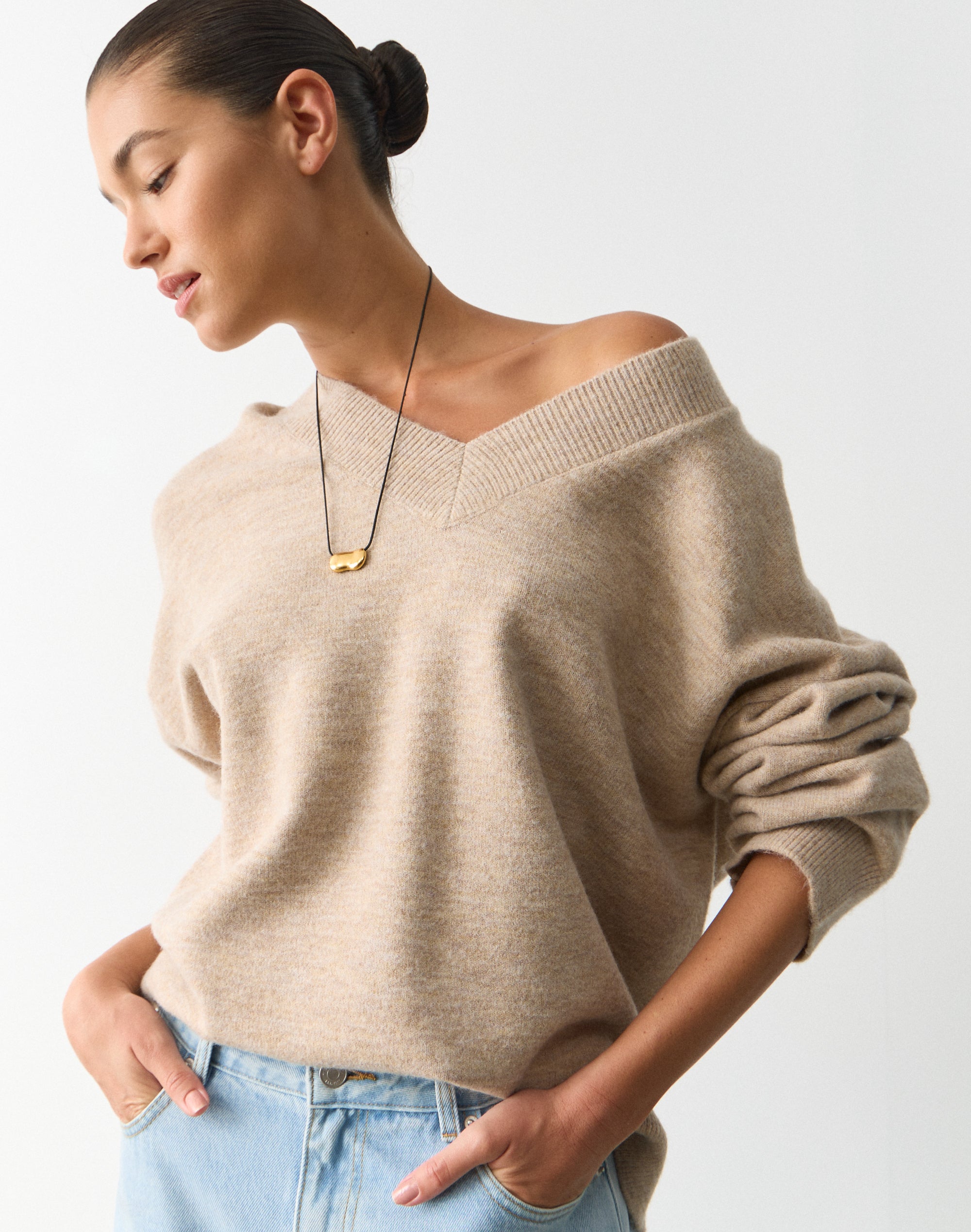 Cosy V Neck Knit Jumper in Solid Sand Marle | Glassons US