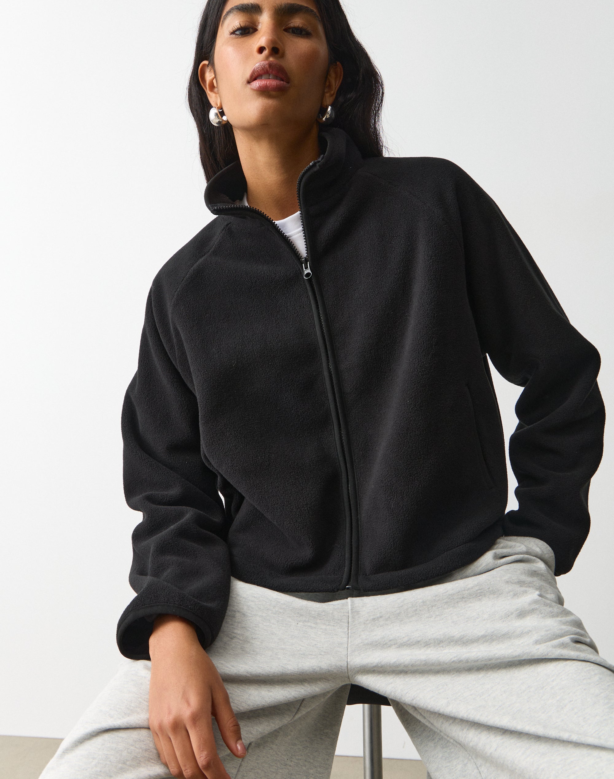 Fleece Zip Up Jacket in Black X Black | Glassons AU