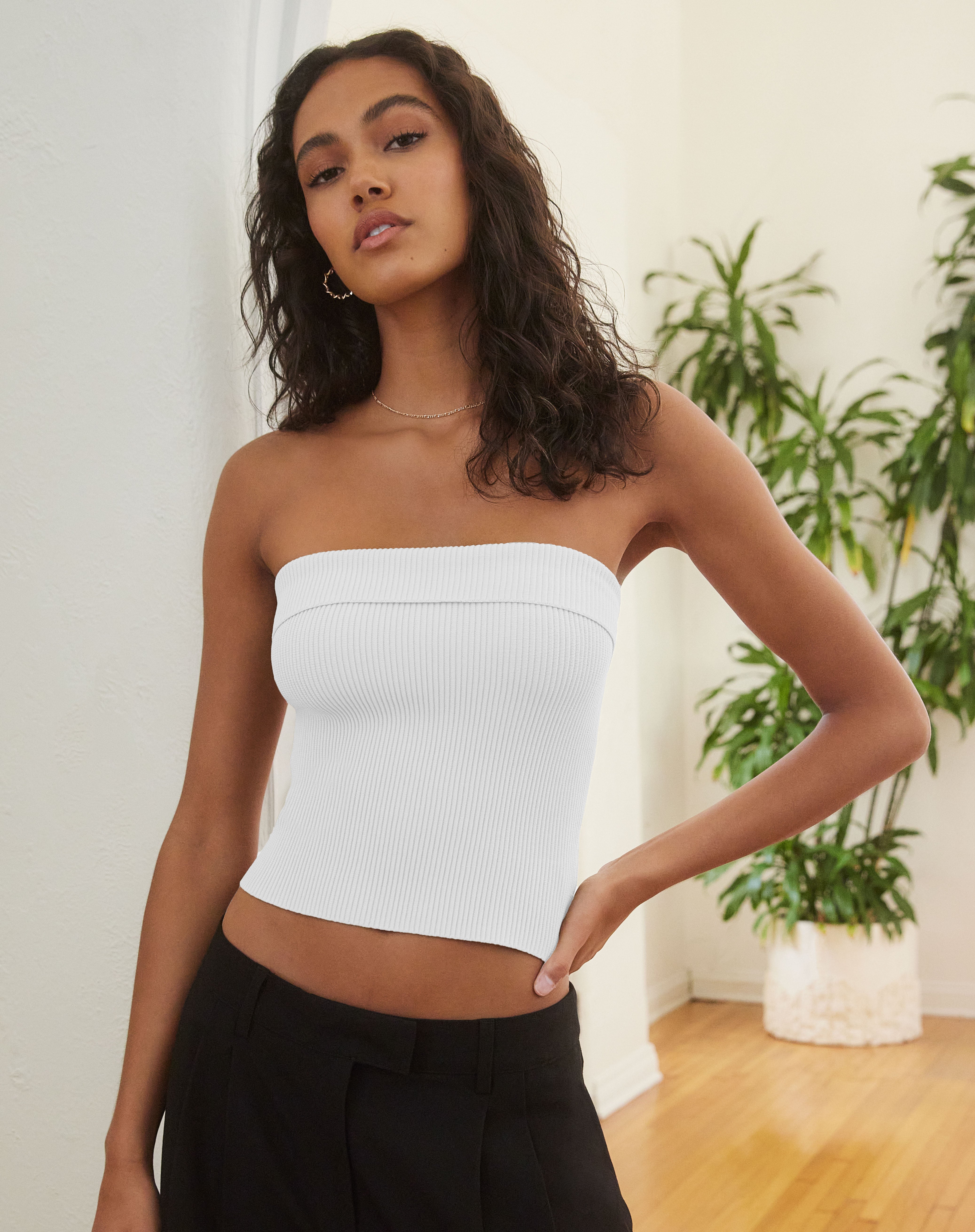 Foldover Ribbed Bandeau Top in White 