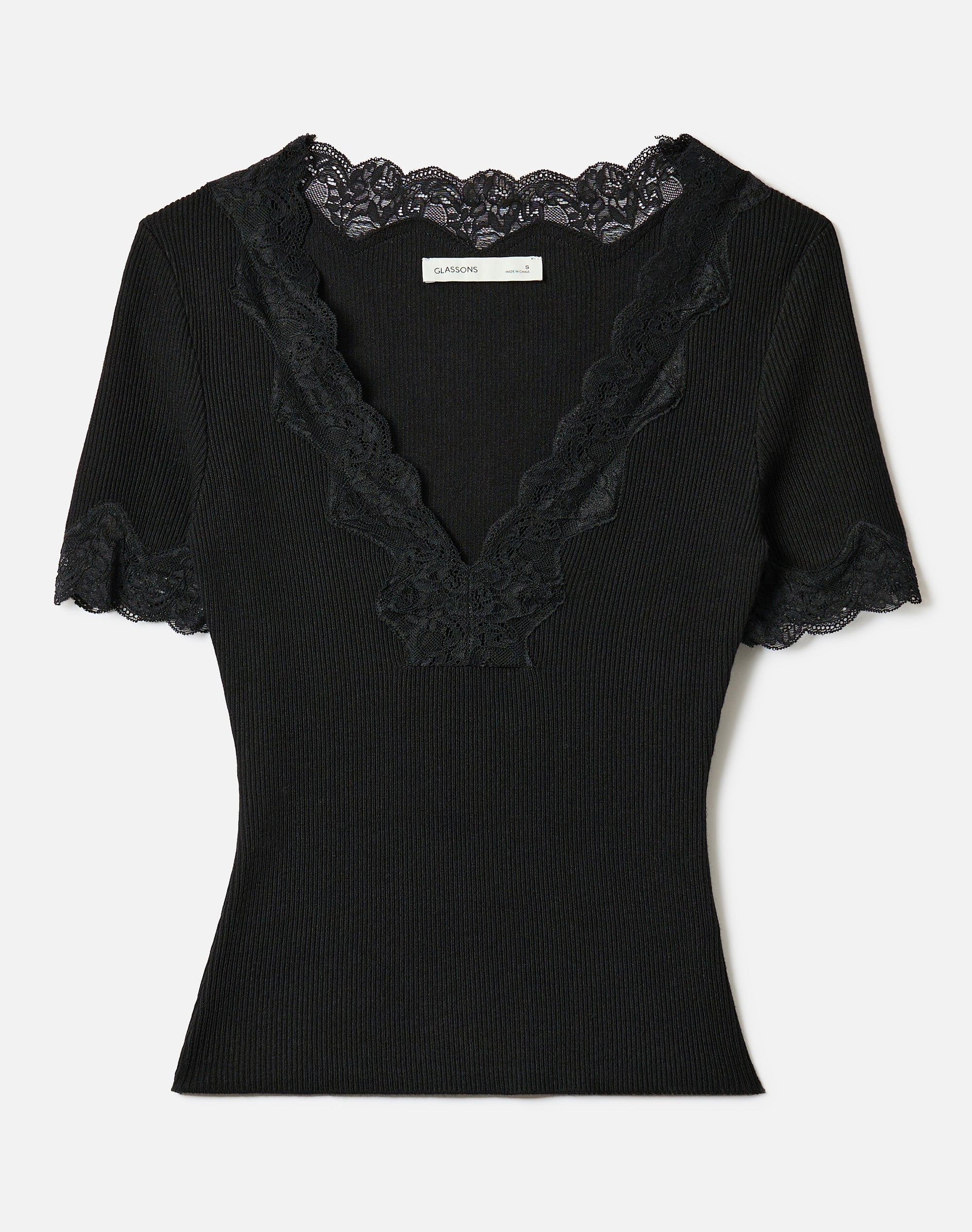 Scalloped Lace Trim Knit Top in Black | Glassons US