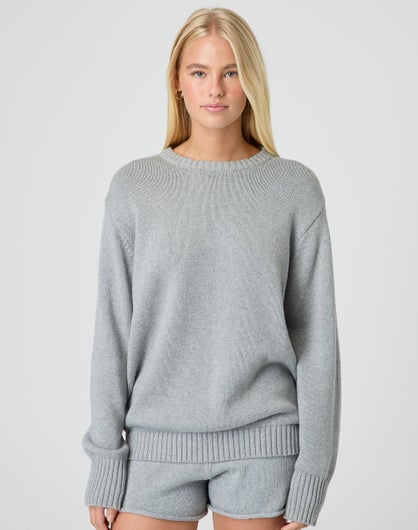 Longline Crew Cotton Knit Jumper in Grey Marle | Glassons