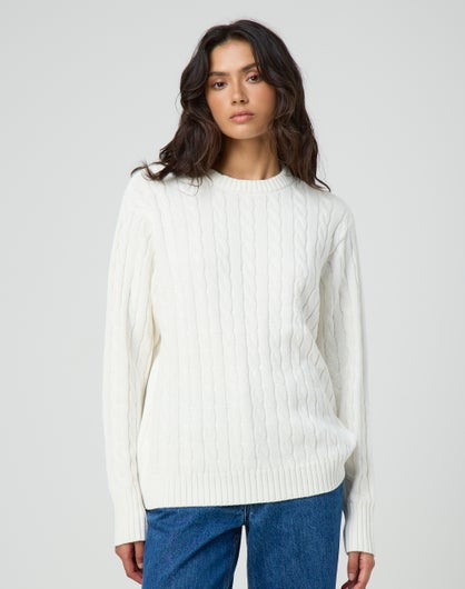 Longline Cable Cotton Knit Jumper in Milk Cable | Glassons