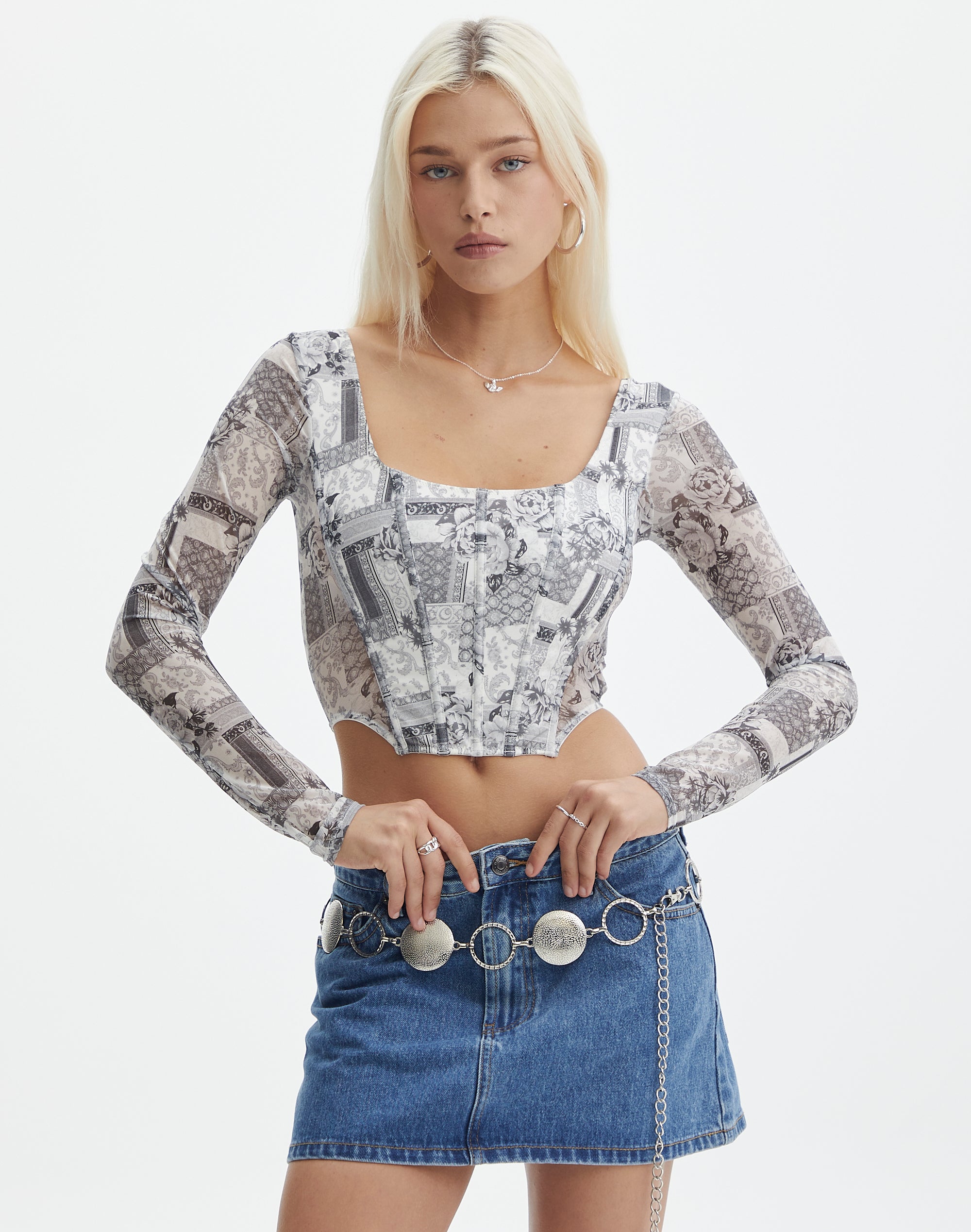 Print Mesh Long Sleeve Corset Top in Mono Patches