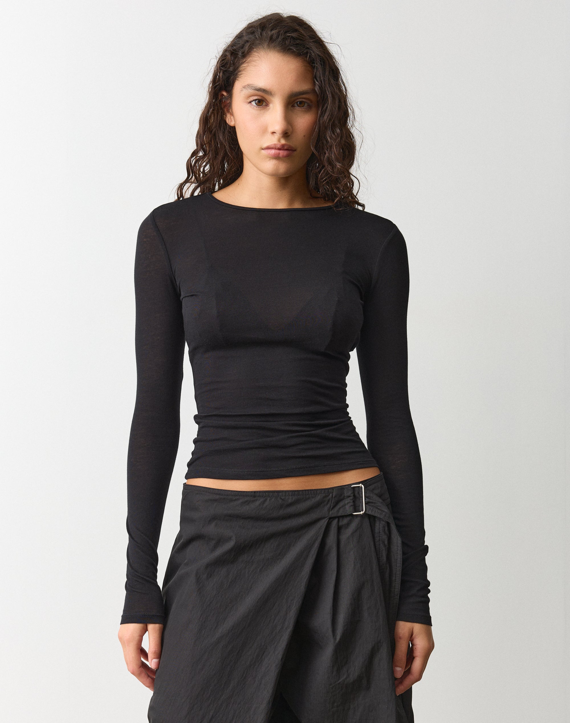 Cotton Sheer Long Sleeve Top in Black | Glassons US
