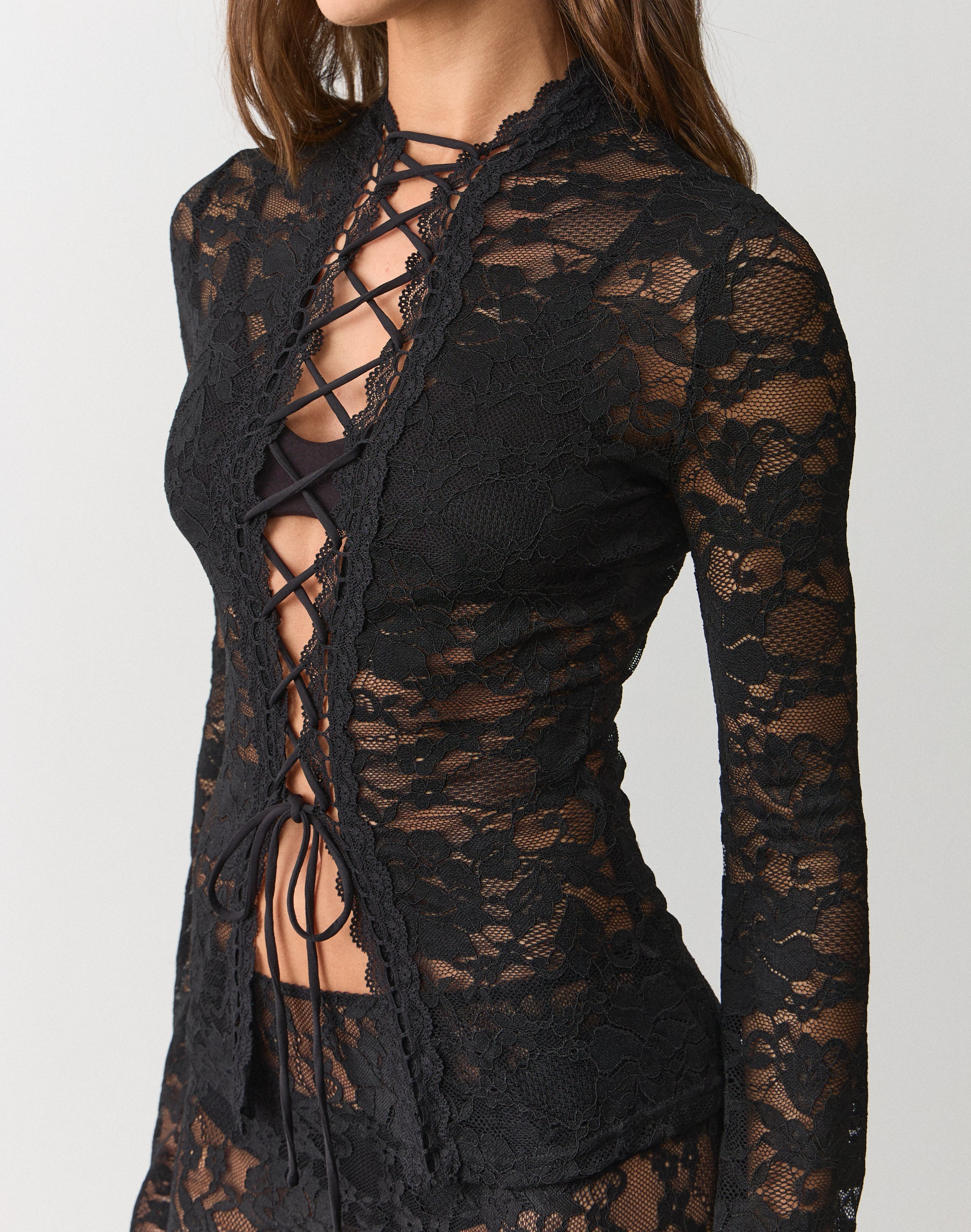 Lace Up Long Sleeve Top in Black | Glassons AU