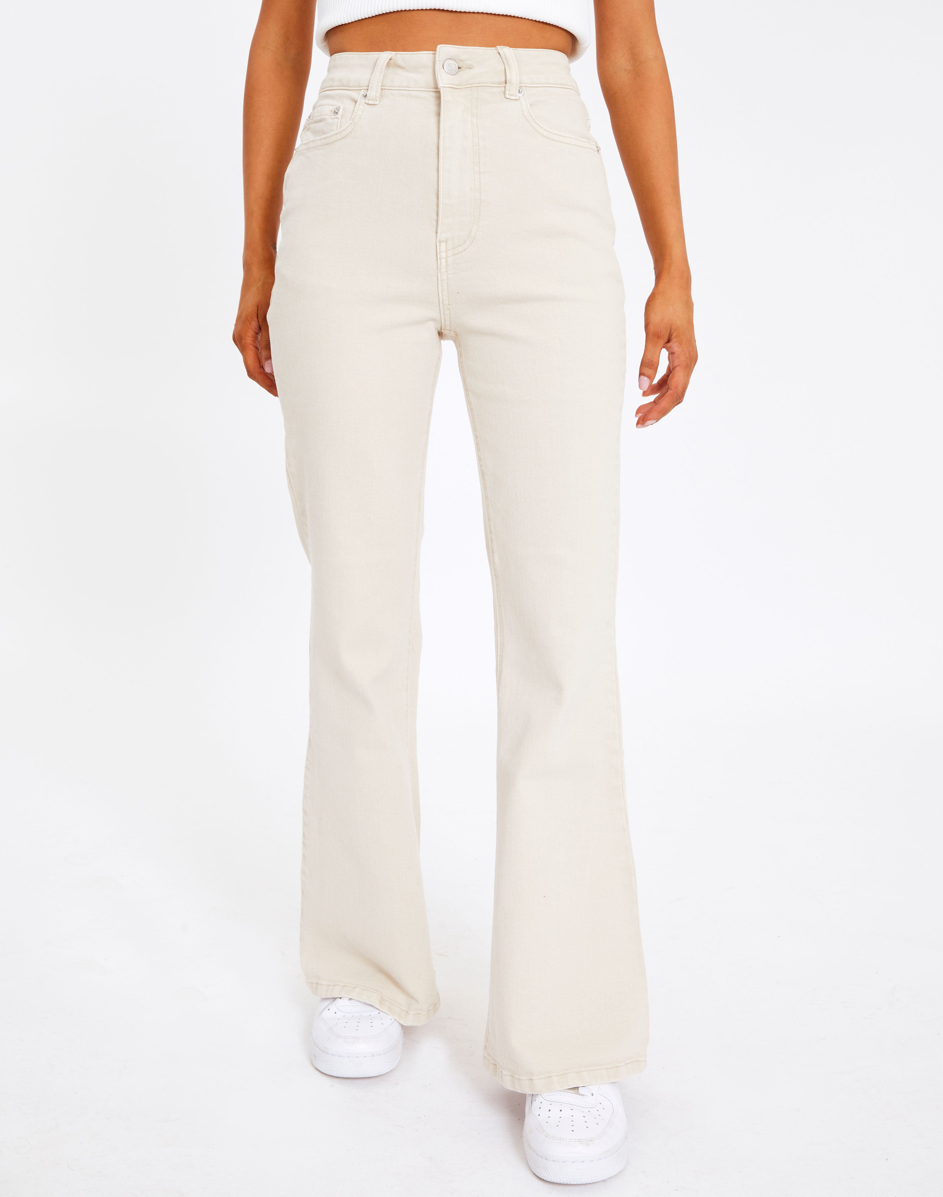 High Rise Flare Jean in Beige | Glassons
