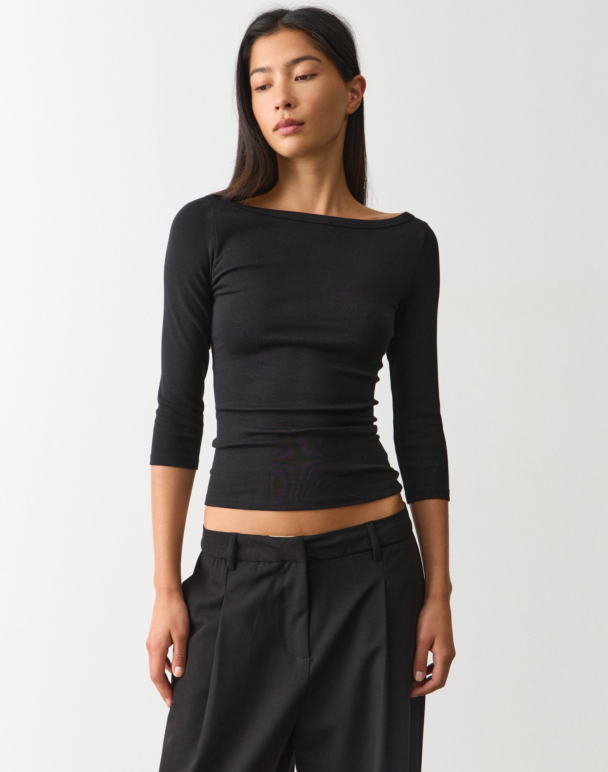 Cotton Boat Neck Three Quarter Top in Black | Glassons US