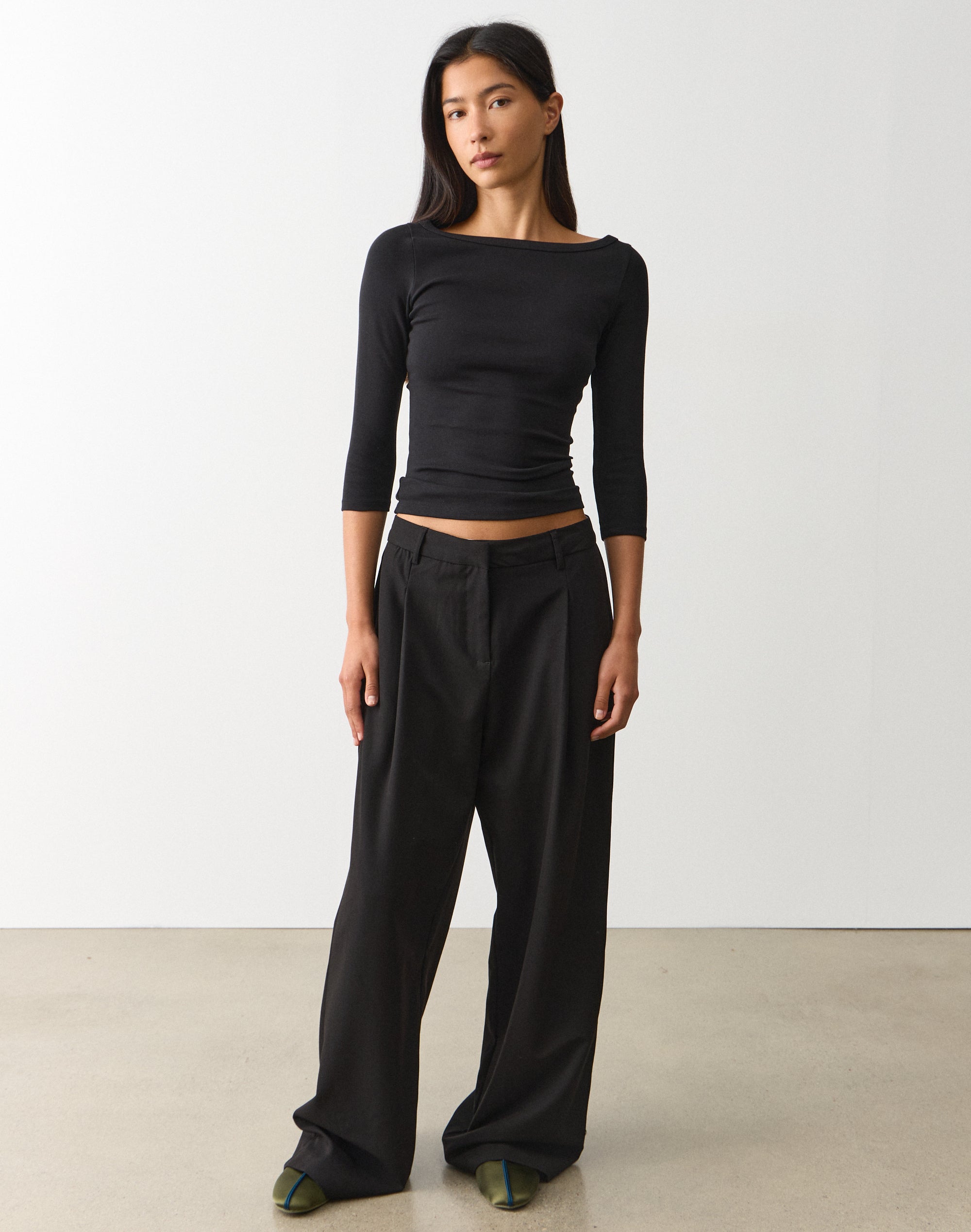 Cotton Boat Neck Three Quarter Top in Black | Glassons US