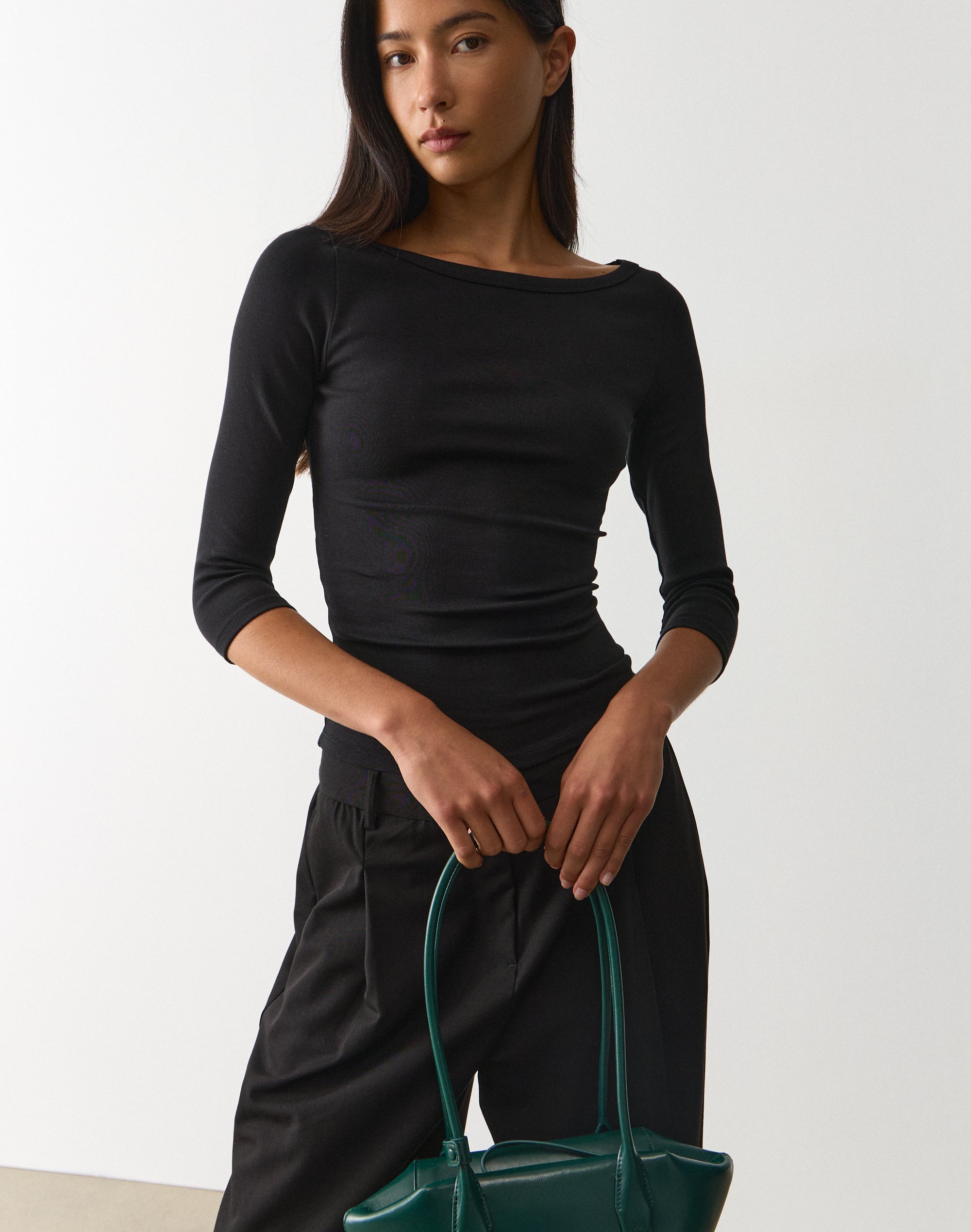 Cotton Boat Neck Three Quarter Top in Black | Glassons US