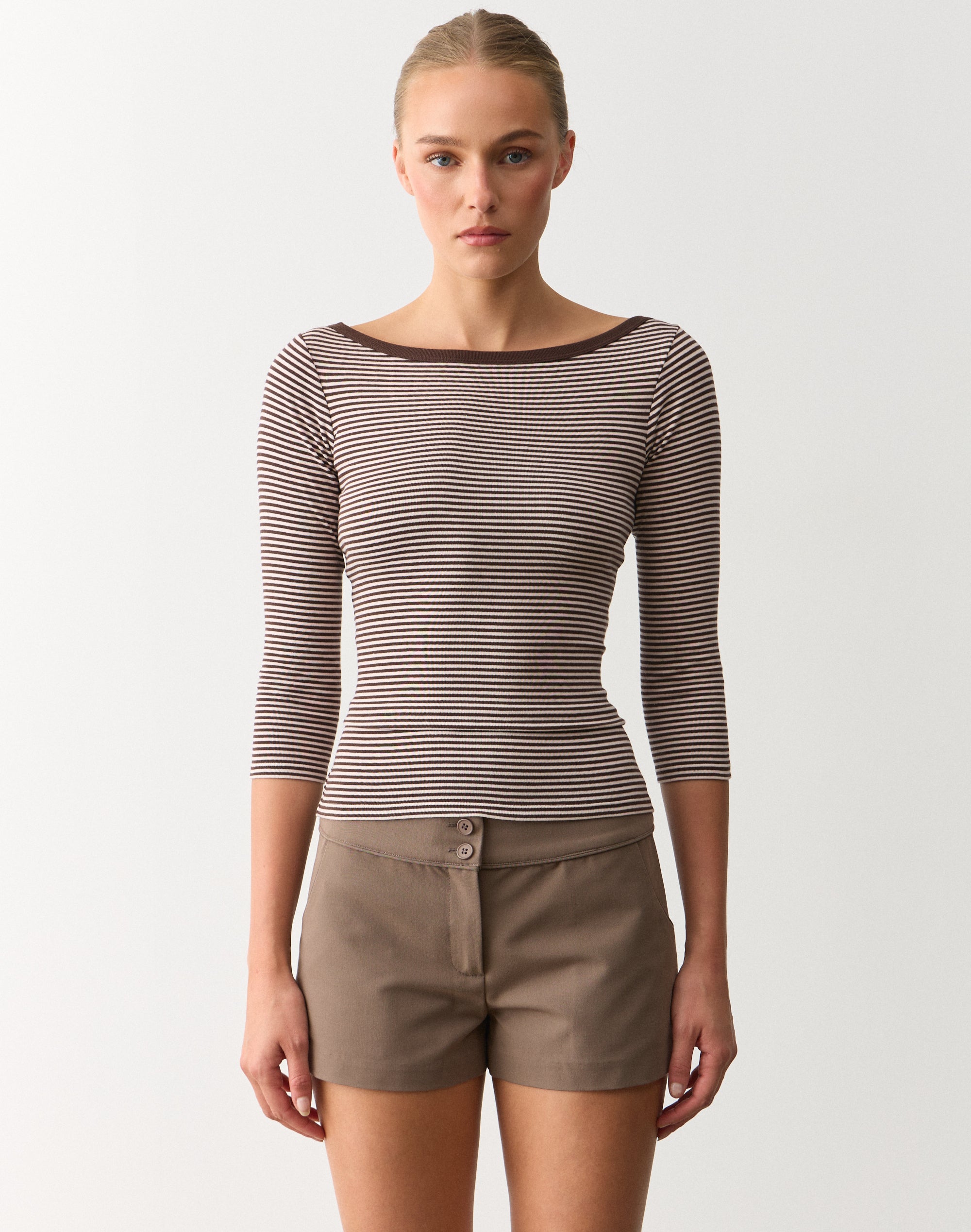 Boat Neck Three Quarter Top in Fudge Angel Royce Stripe | Glassons US