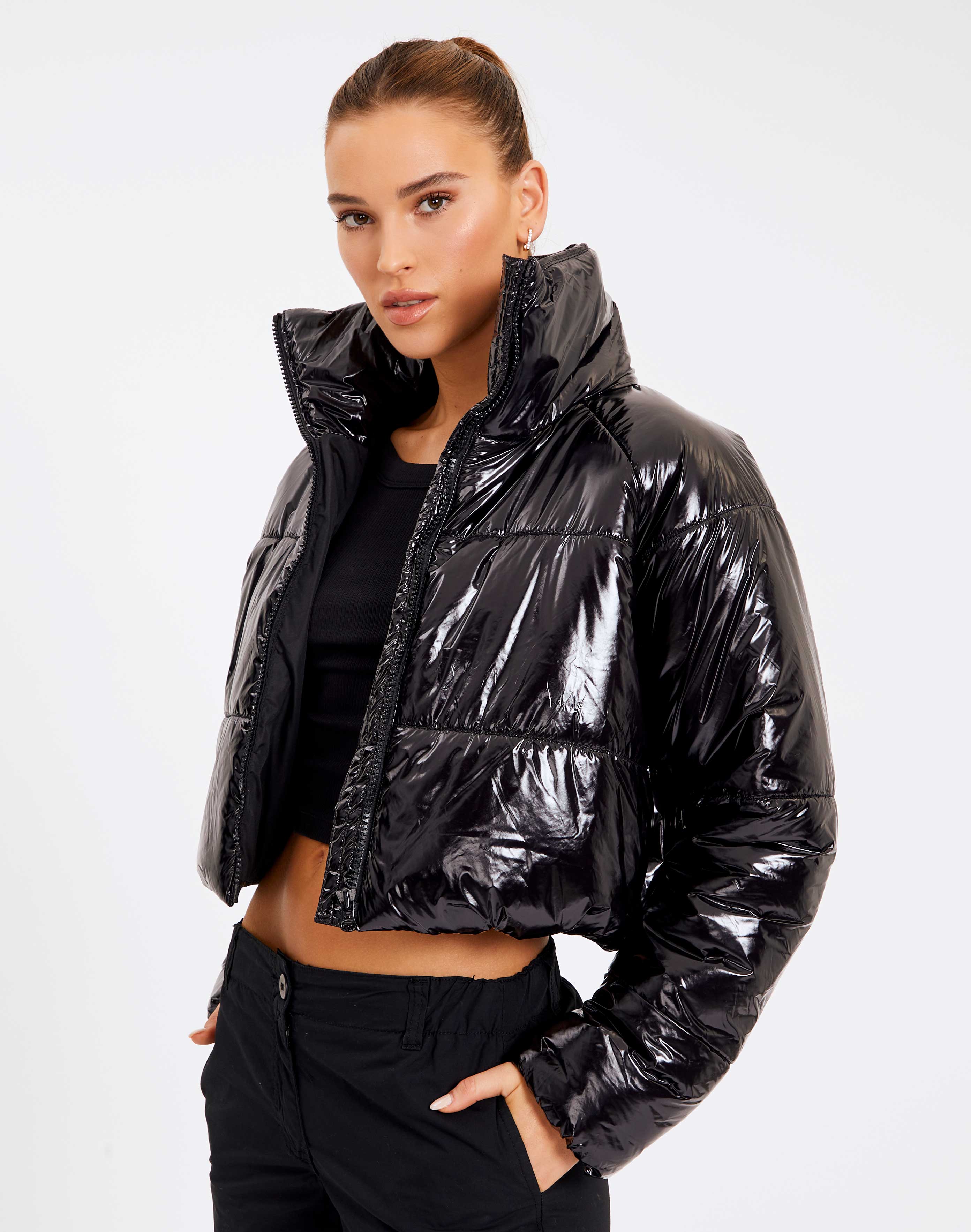 High Shine Funnel Neck Cropped Puffer 