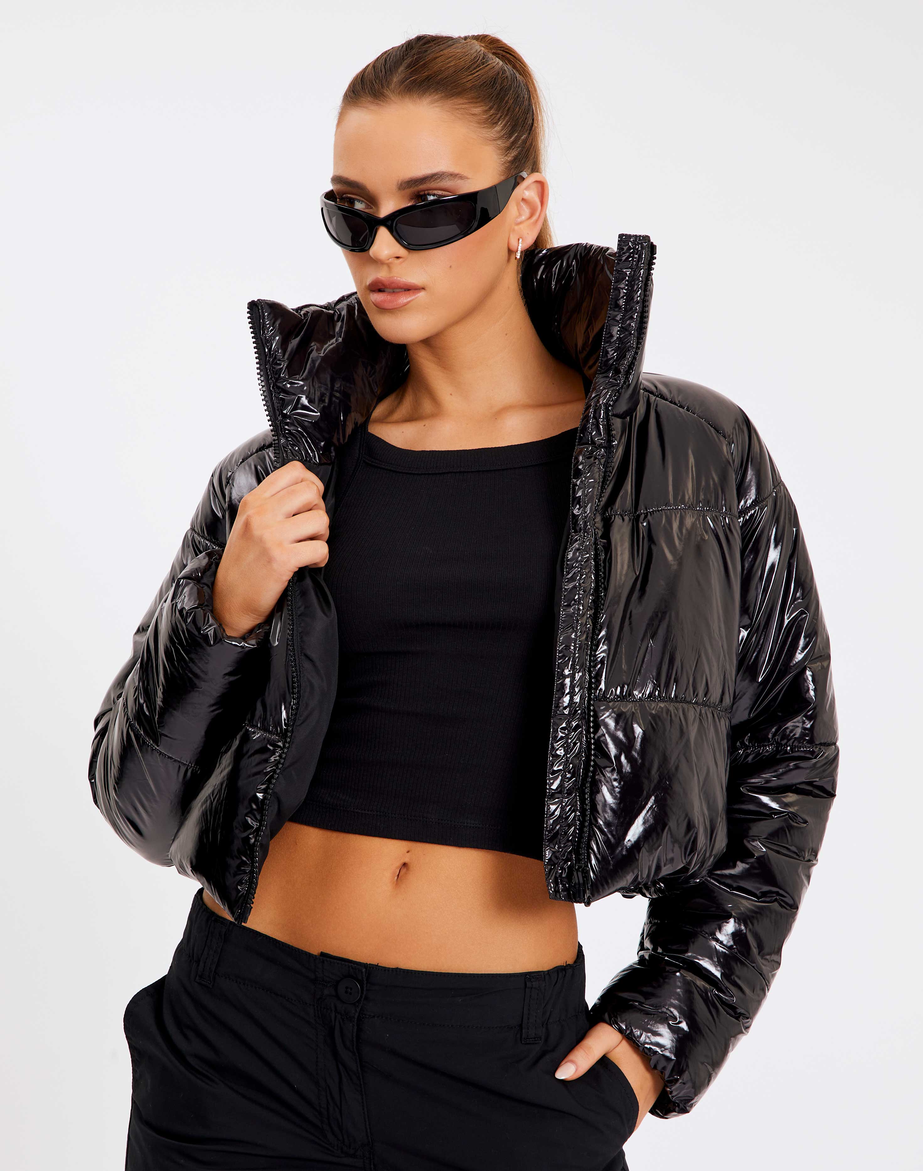 High Shine Funnel Neck Cropped Puffer 