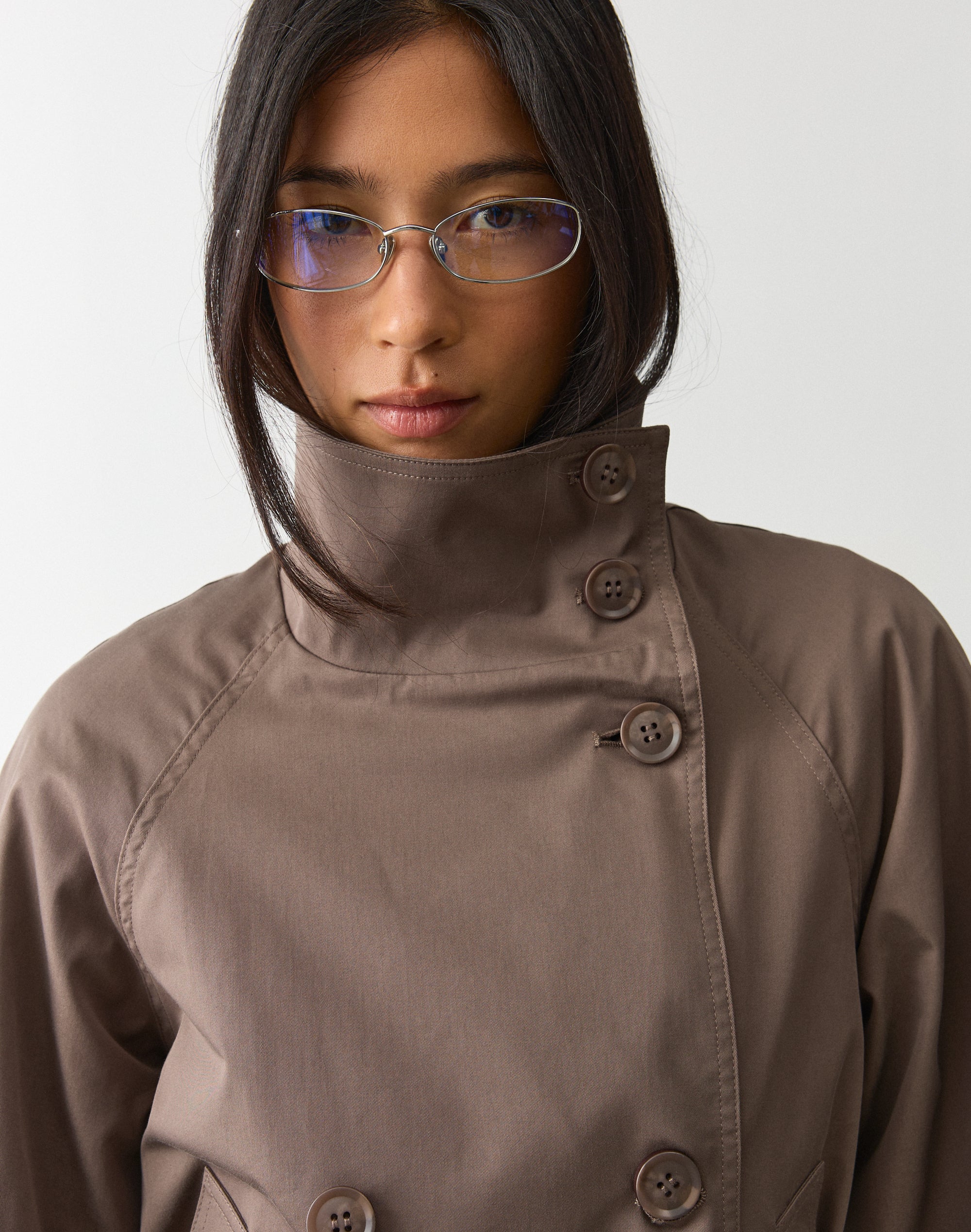 Funnel Neck Cropped Trench Coat in Smokey Hazel | Glassons US
