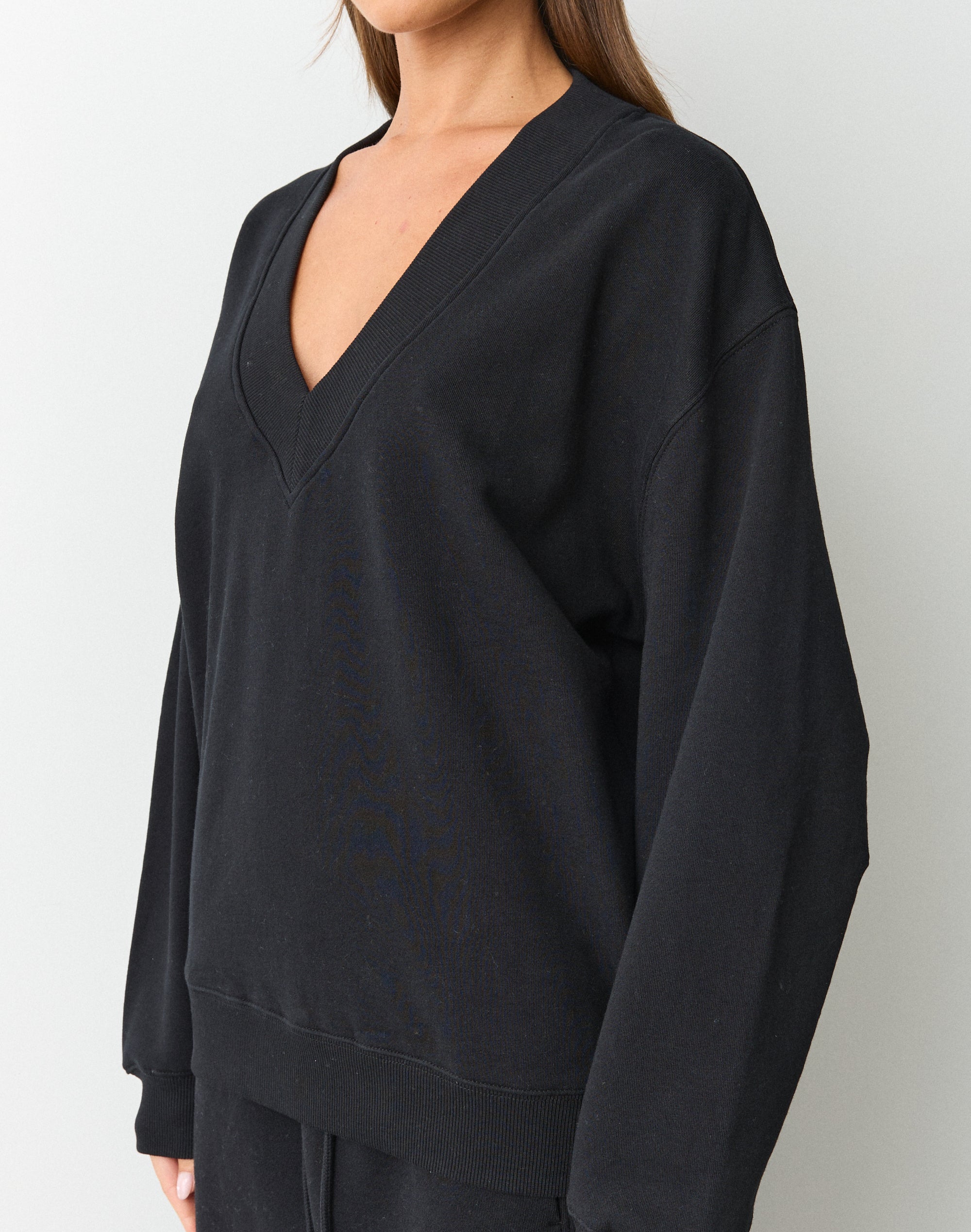 MY___　V NECK SWEAT SIZE0 Cotton V Neck Sweatshirt in Black | Glassons