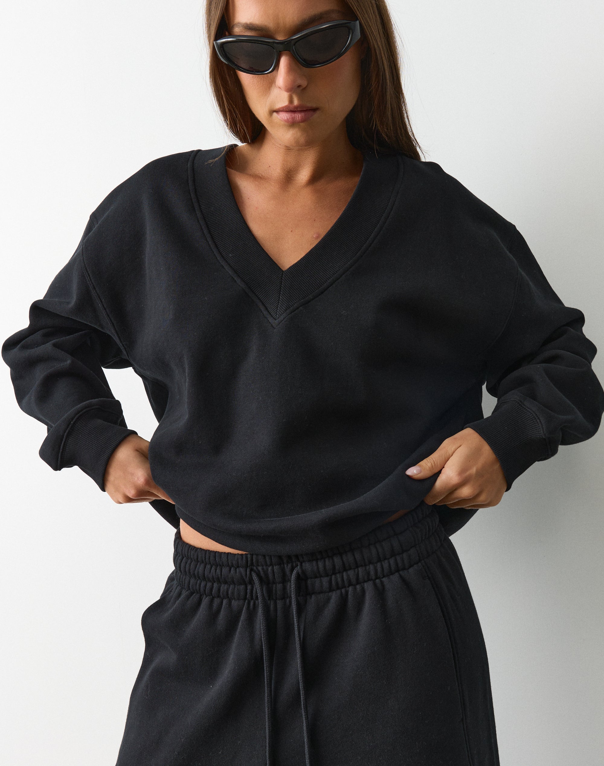Cotton V Neck Sweatshirt in Black | Glassons