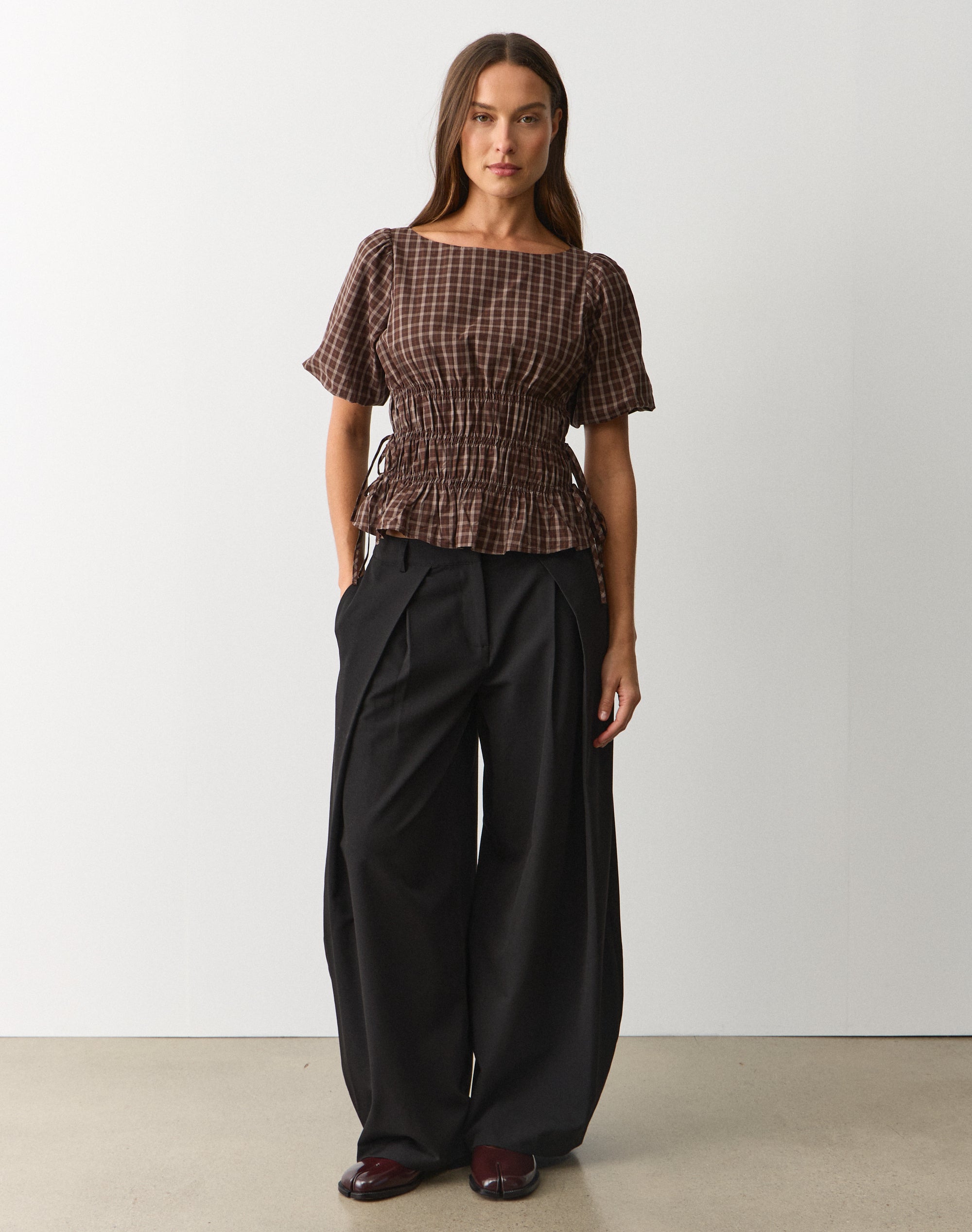 Cotton Puff Sleeve Tie Side Blouse in Fudge Smokey Babushka Check 